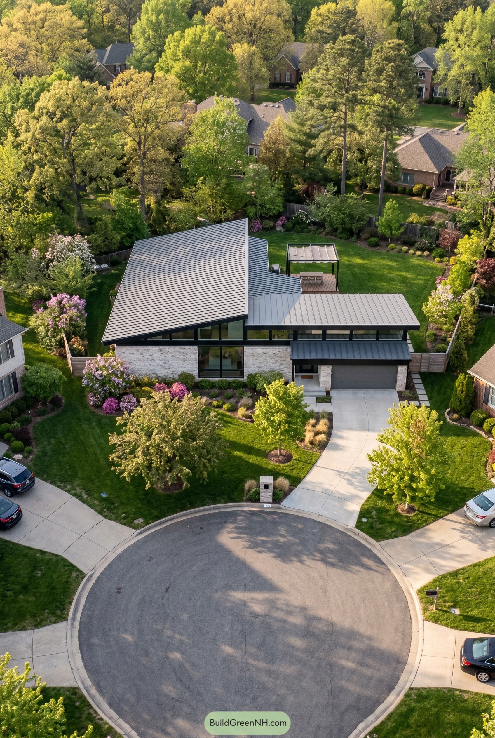 Aerial view of modern white brick home with steep metal roof