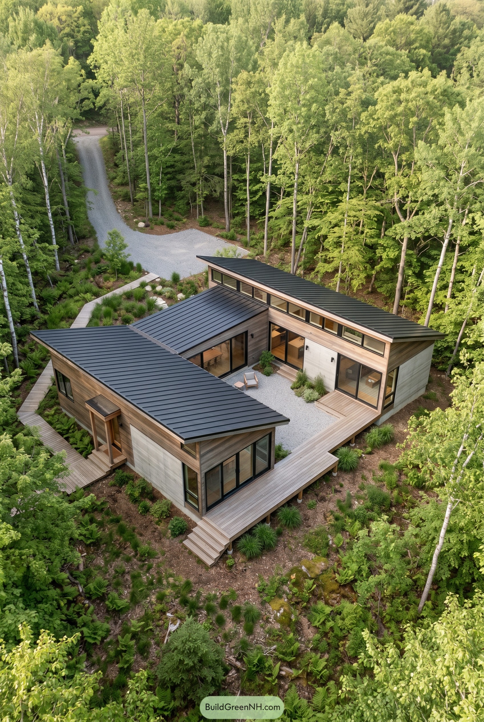 Aerial view of modern forest house with black sloped roofs
