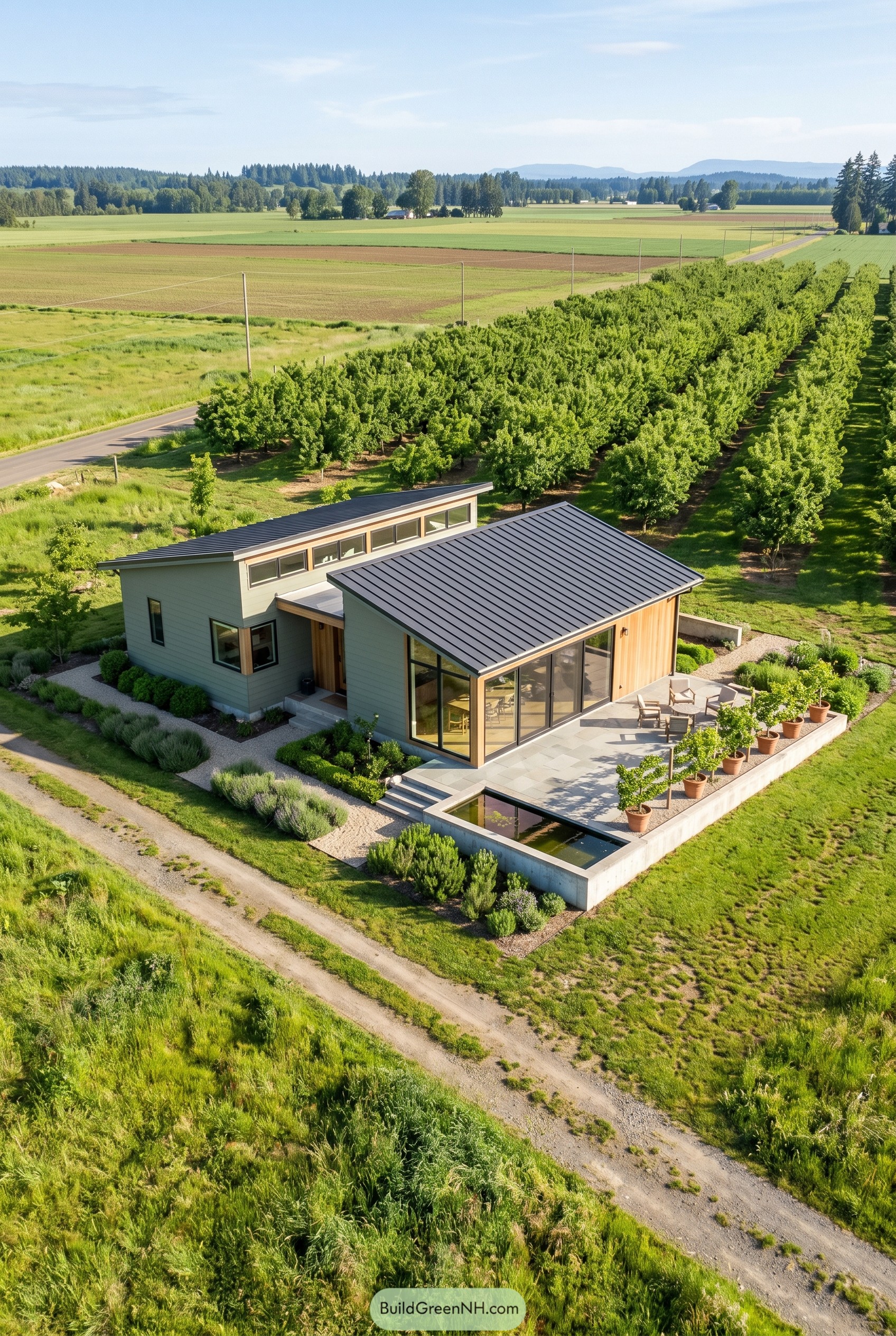 Modern sloped roof house beside an orchard