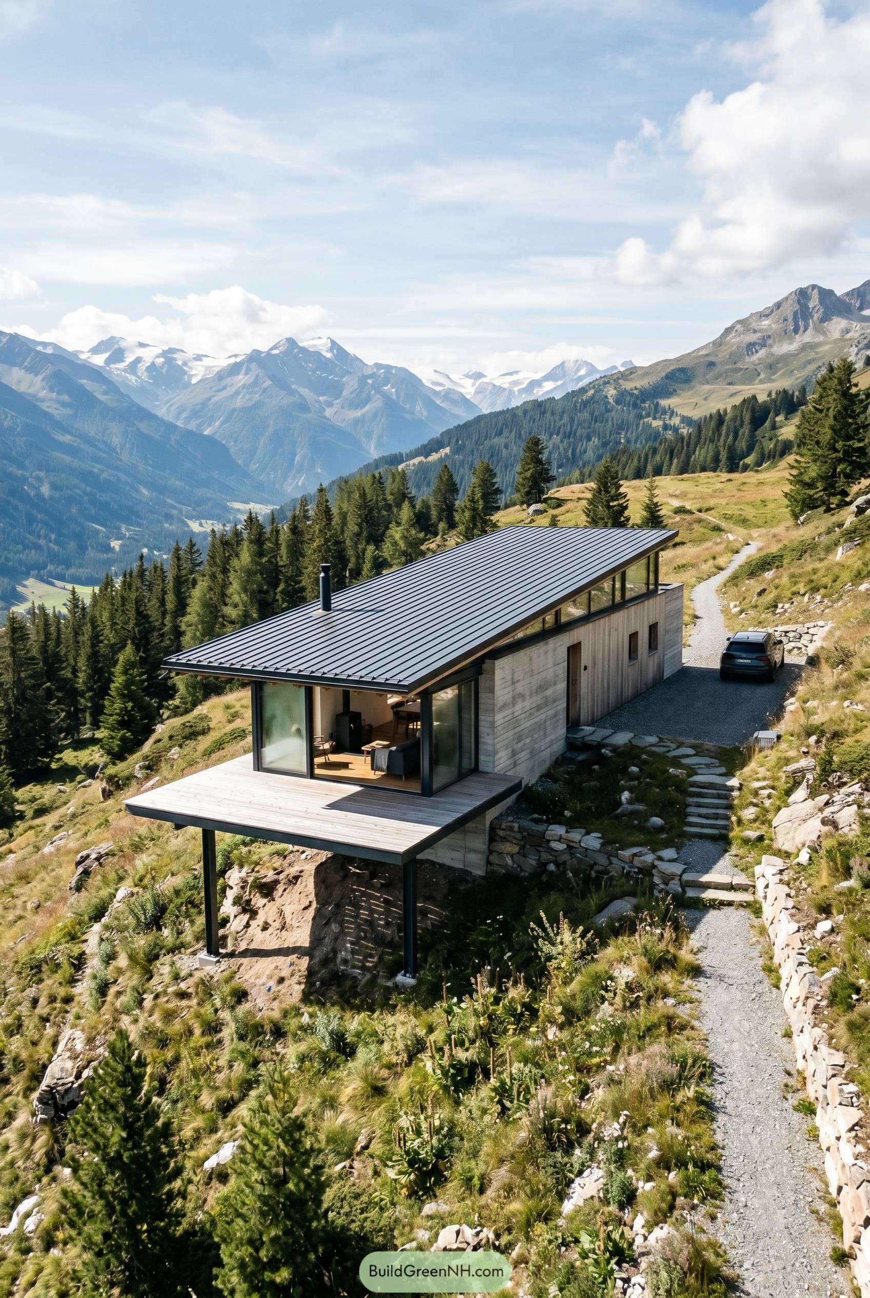 Single story mountain home with long sloped roof