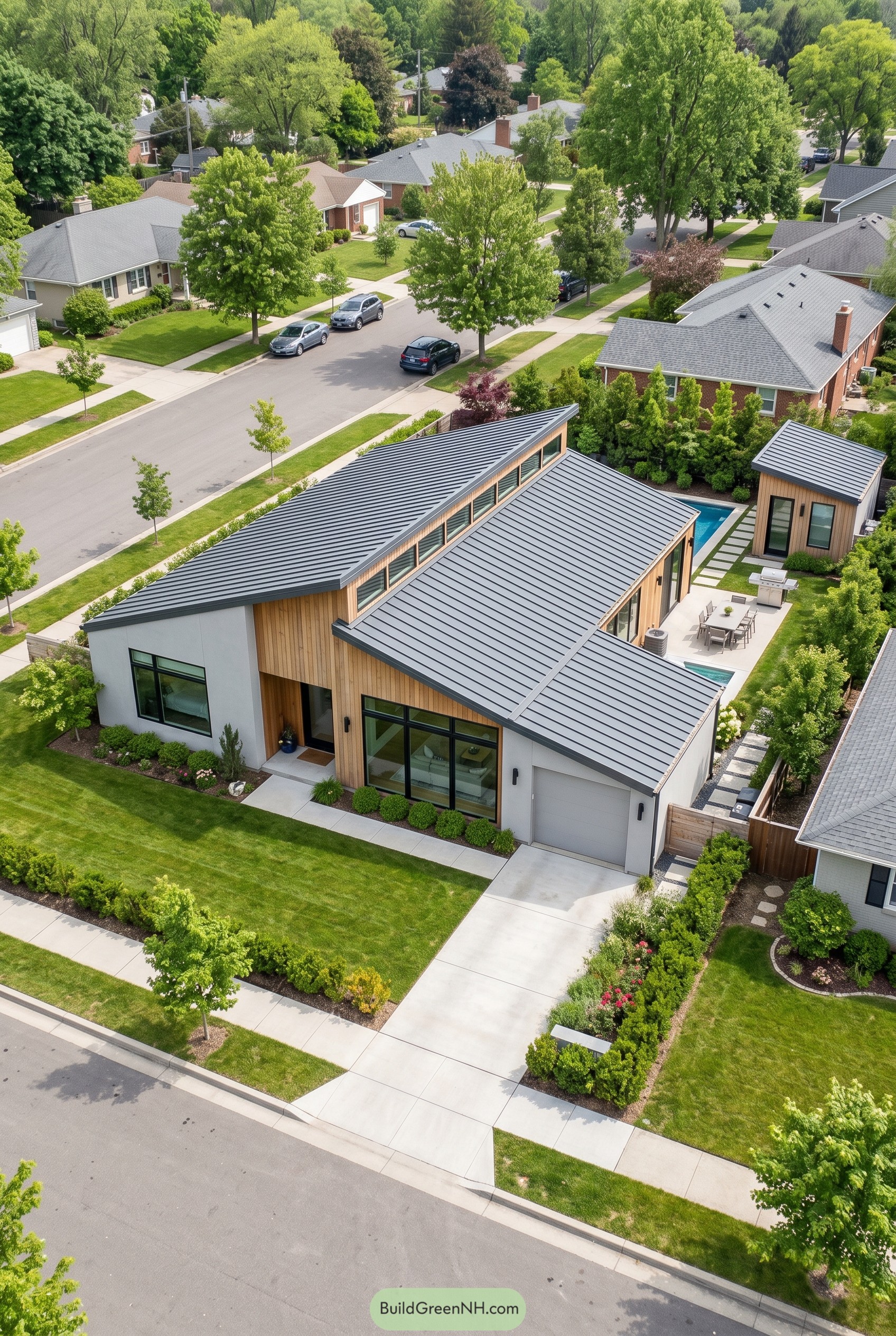 Modern ranch house with twin sloped roofs