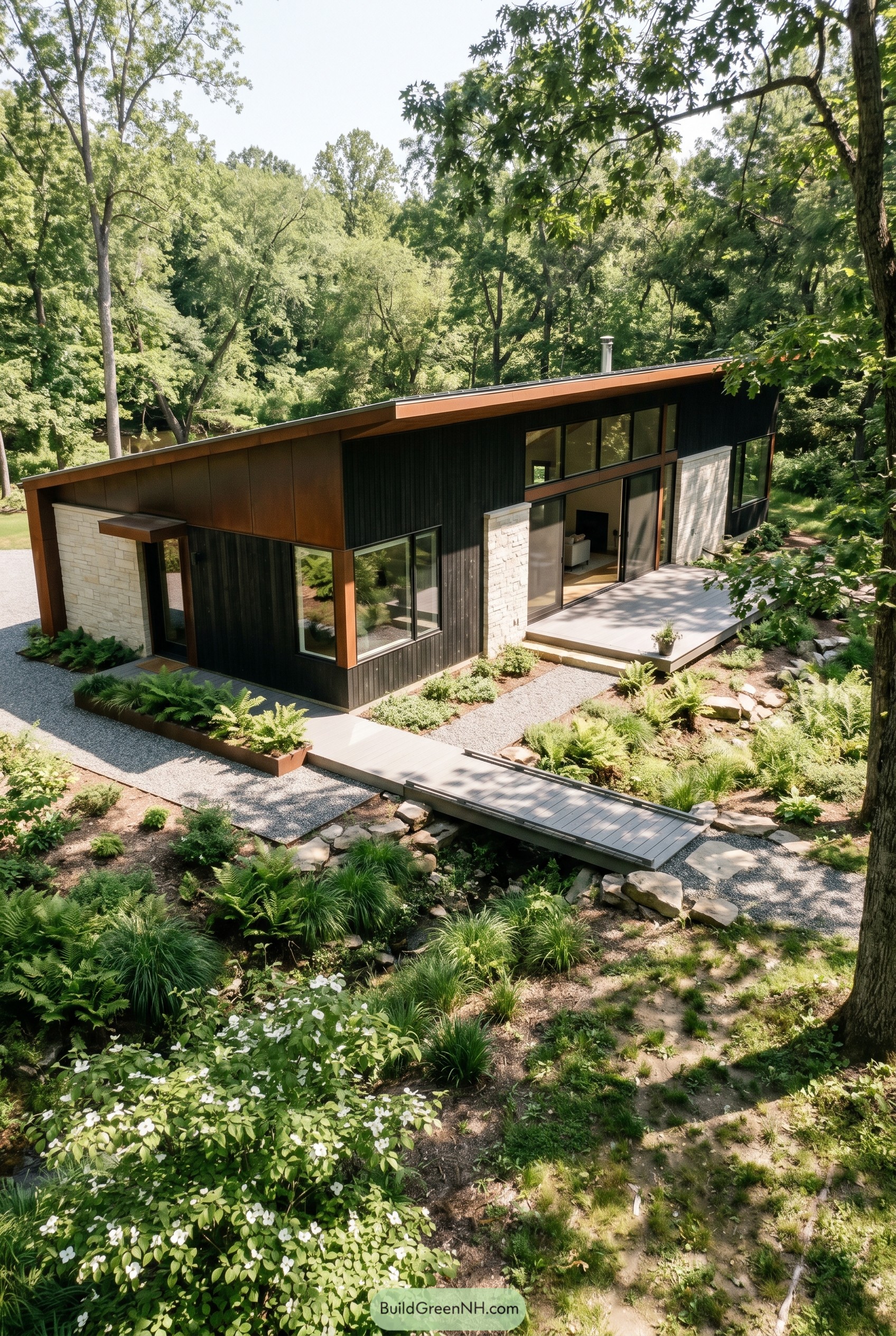 Single story sloped roof house in wooded garden