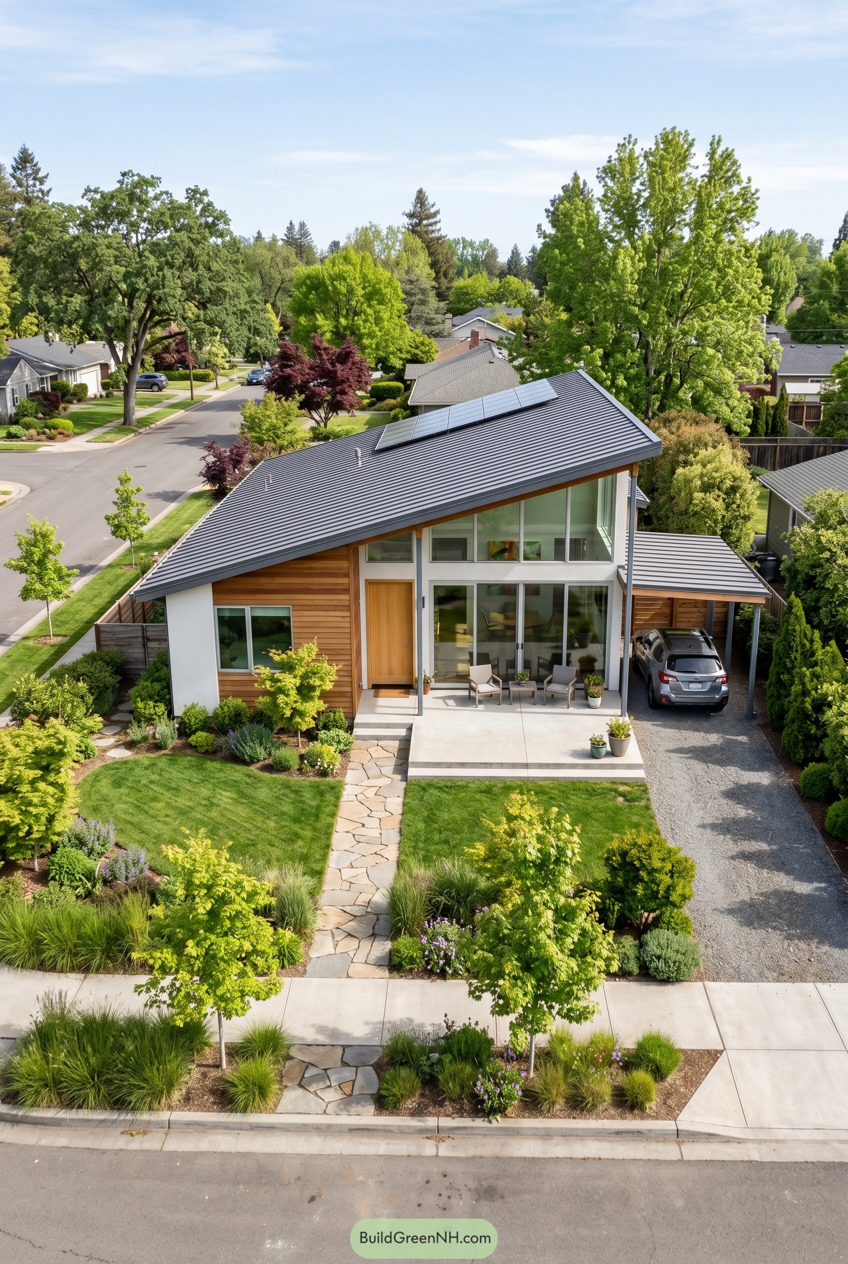 Modern cedar and white home with sloped roof