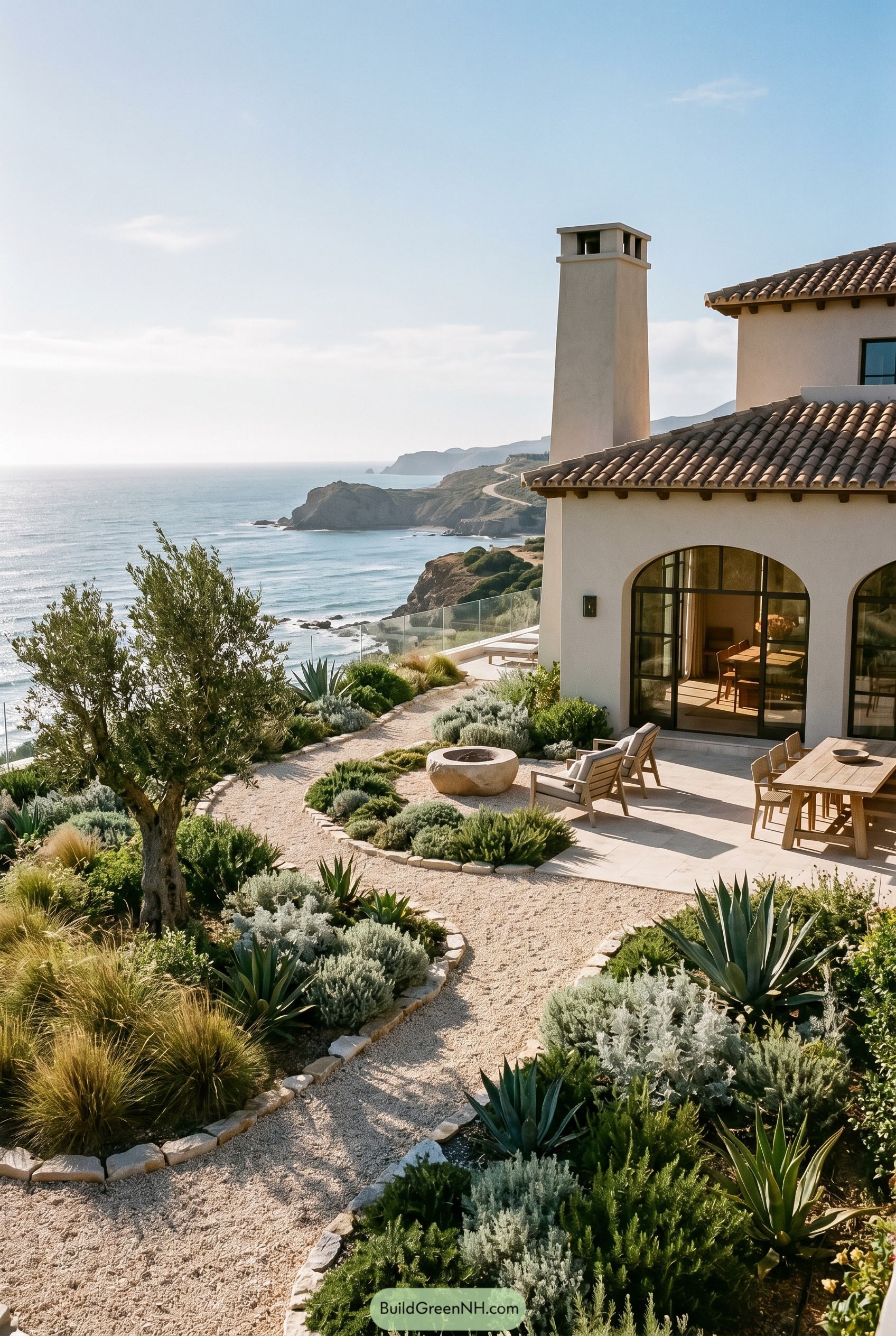 Spanish revival villa with coastal xeriscape garden