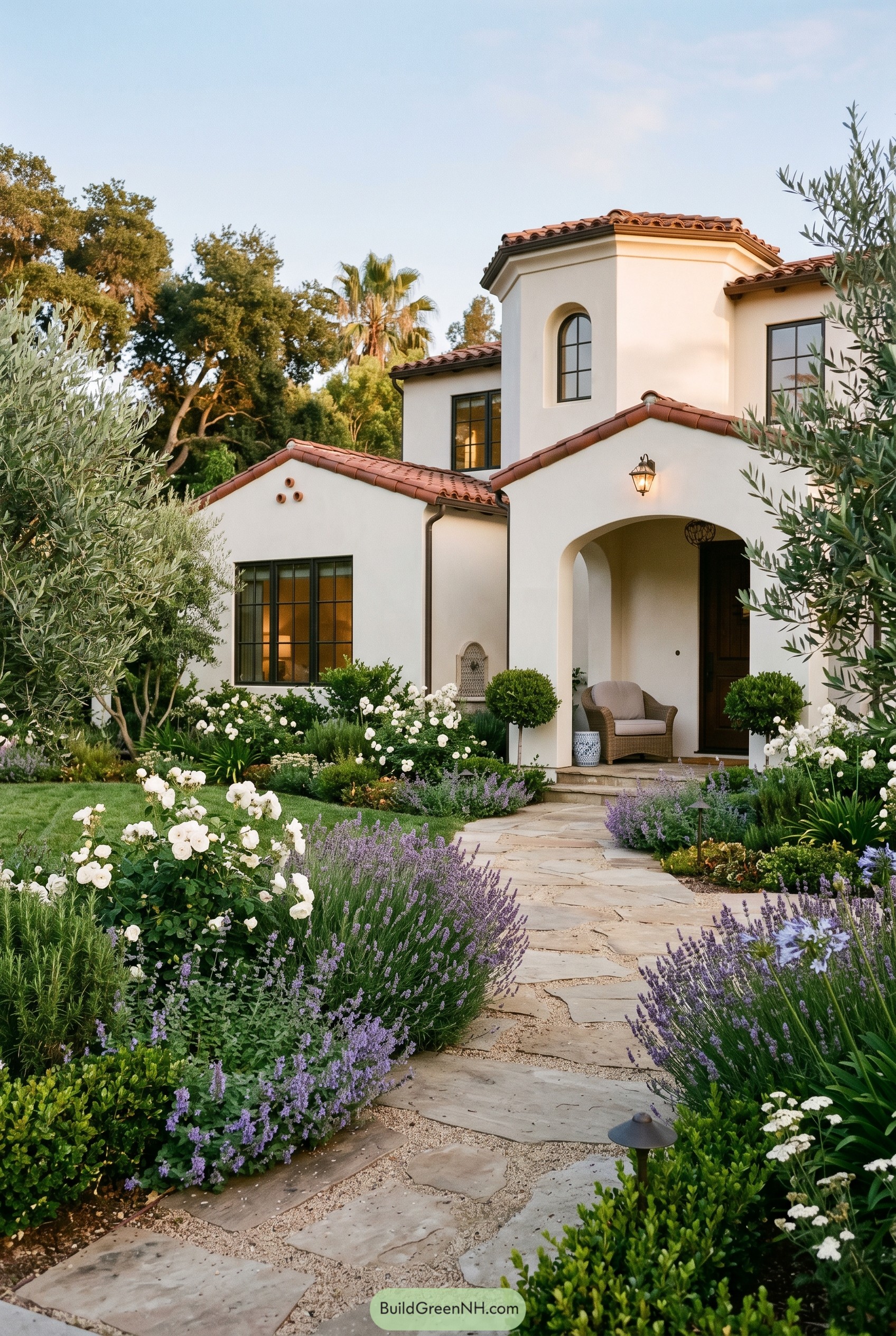 Spanish revival entry path with lavender and white roses