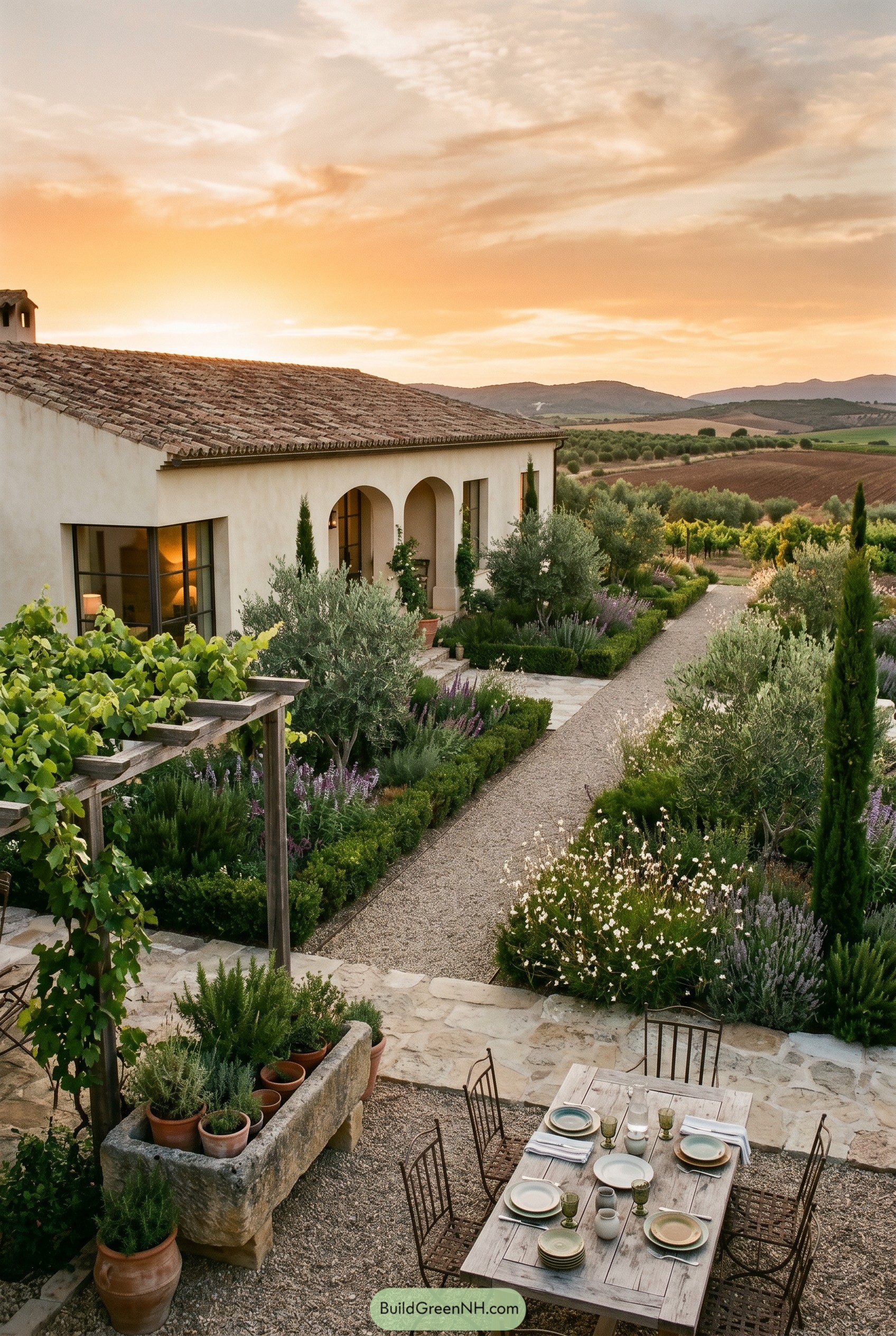 Spanish revival villa with gravel path and dining terrace