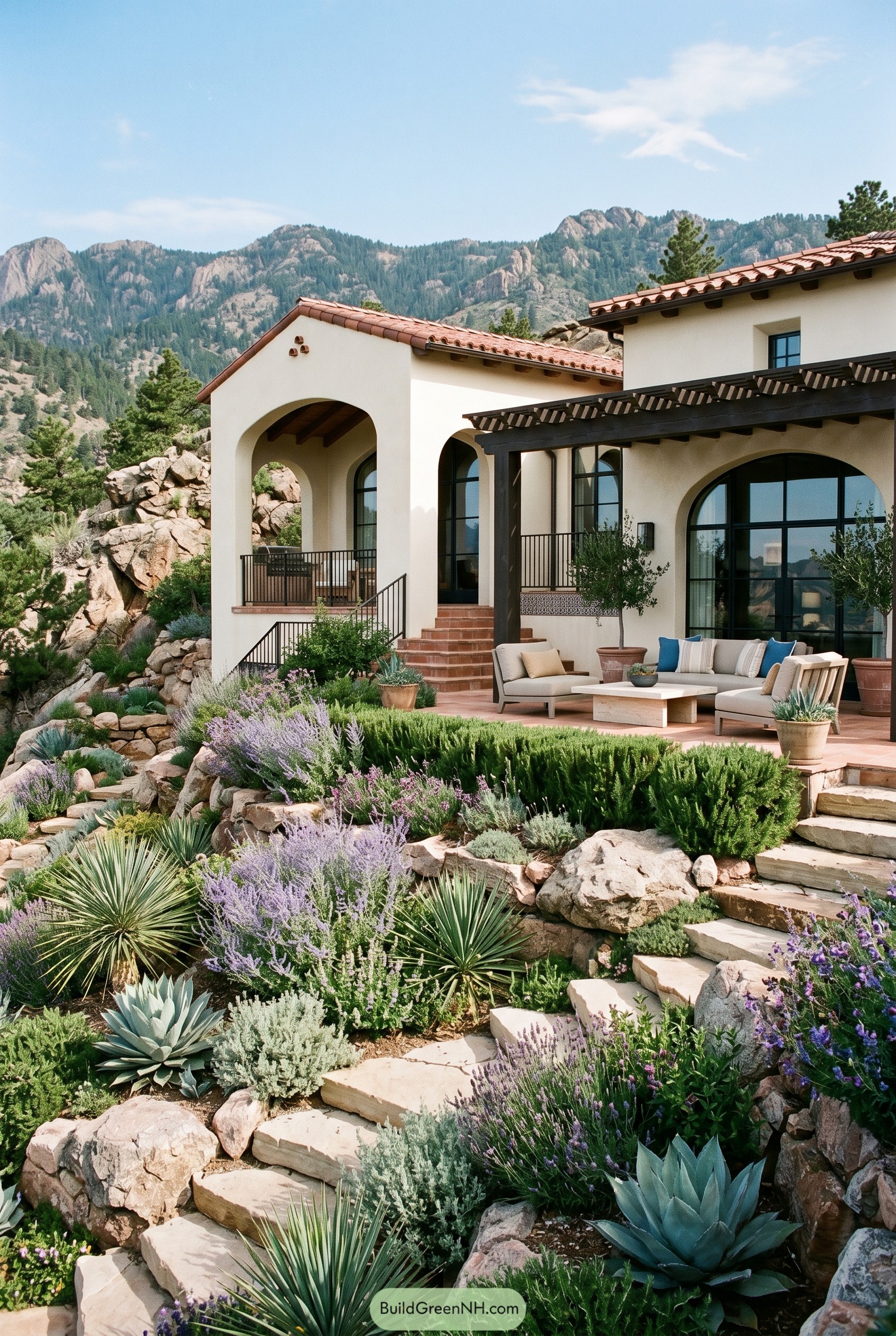Spanish revival patio above a terraced xeriscape garden