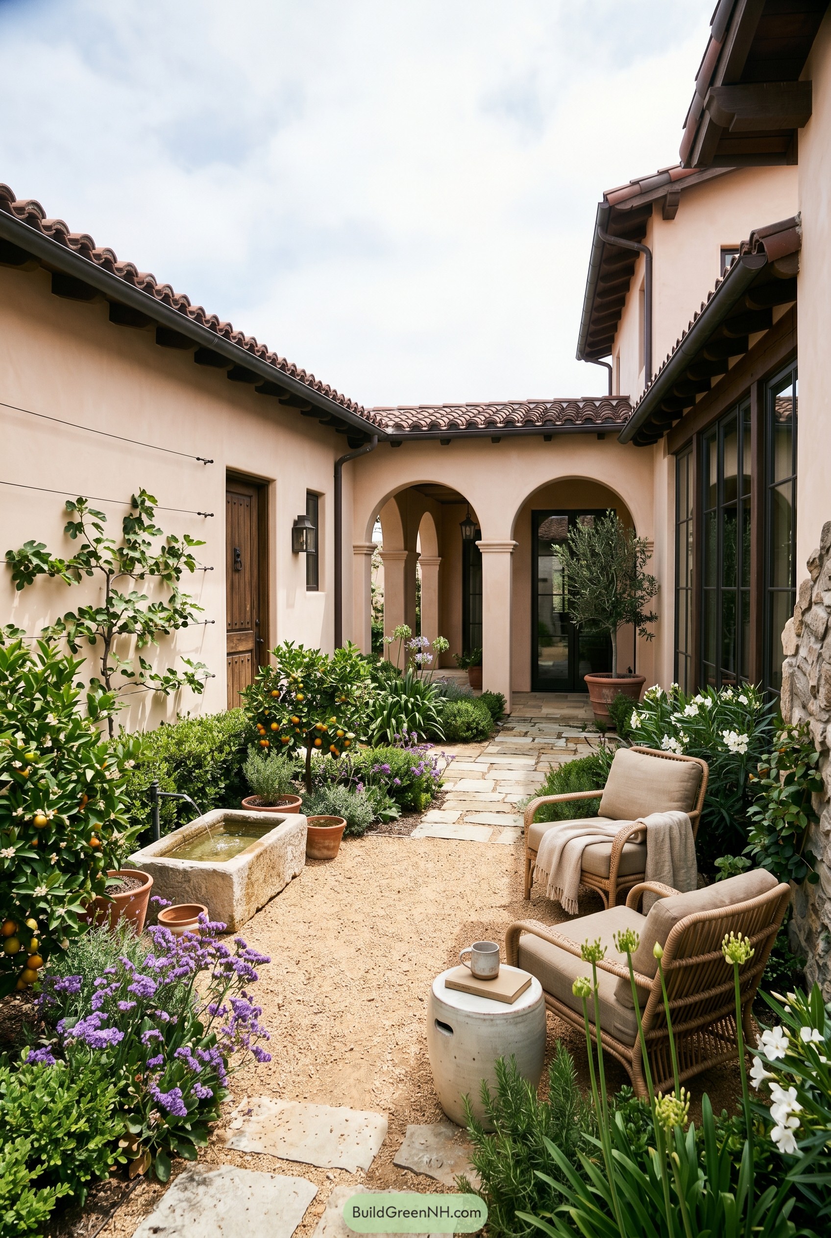 Spanish revival courtyard with citrus fountain and lounge chairs
