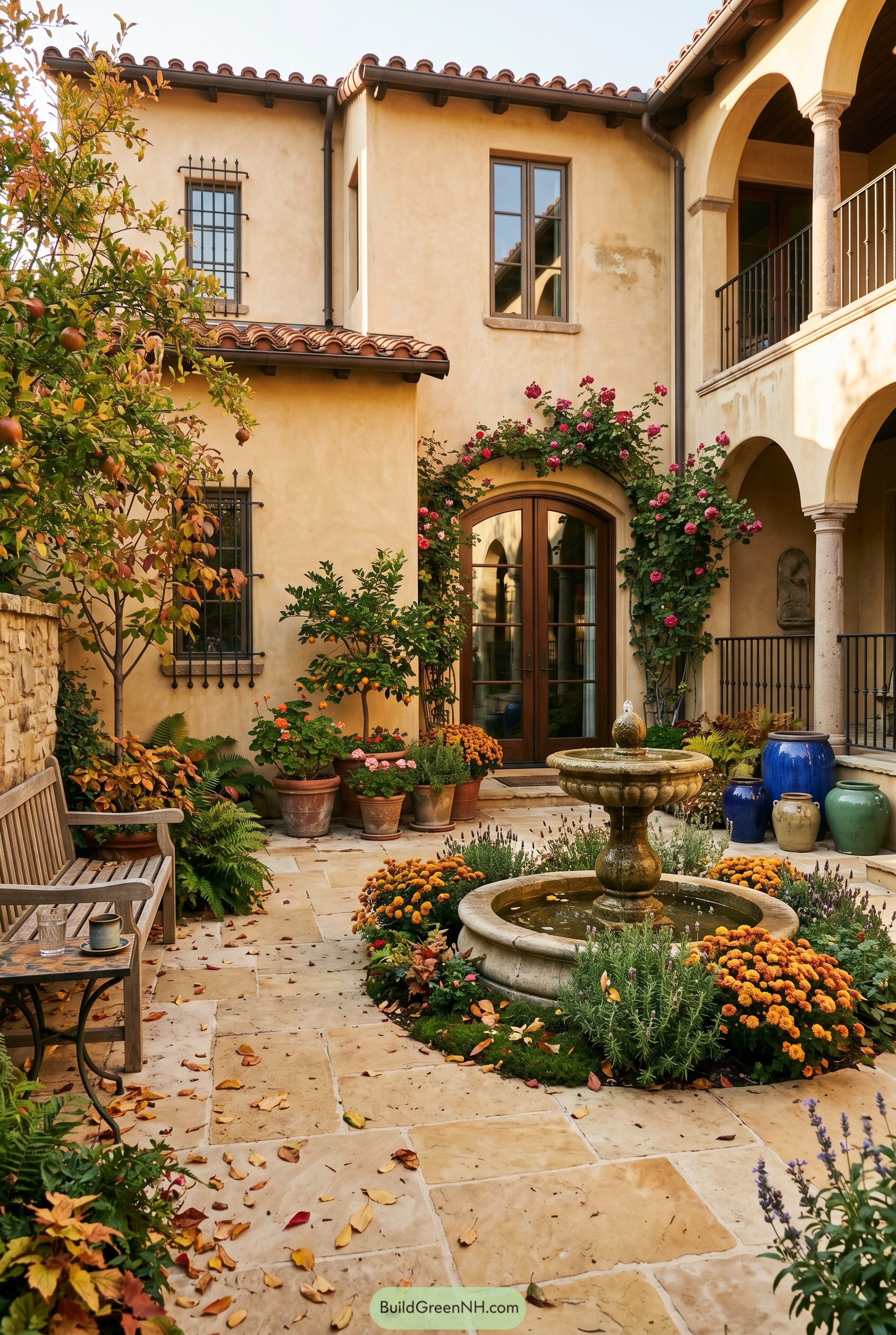 Spanish revival courtyard with stone fountain and potted citrus