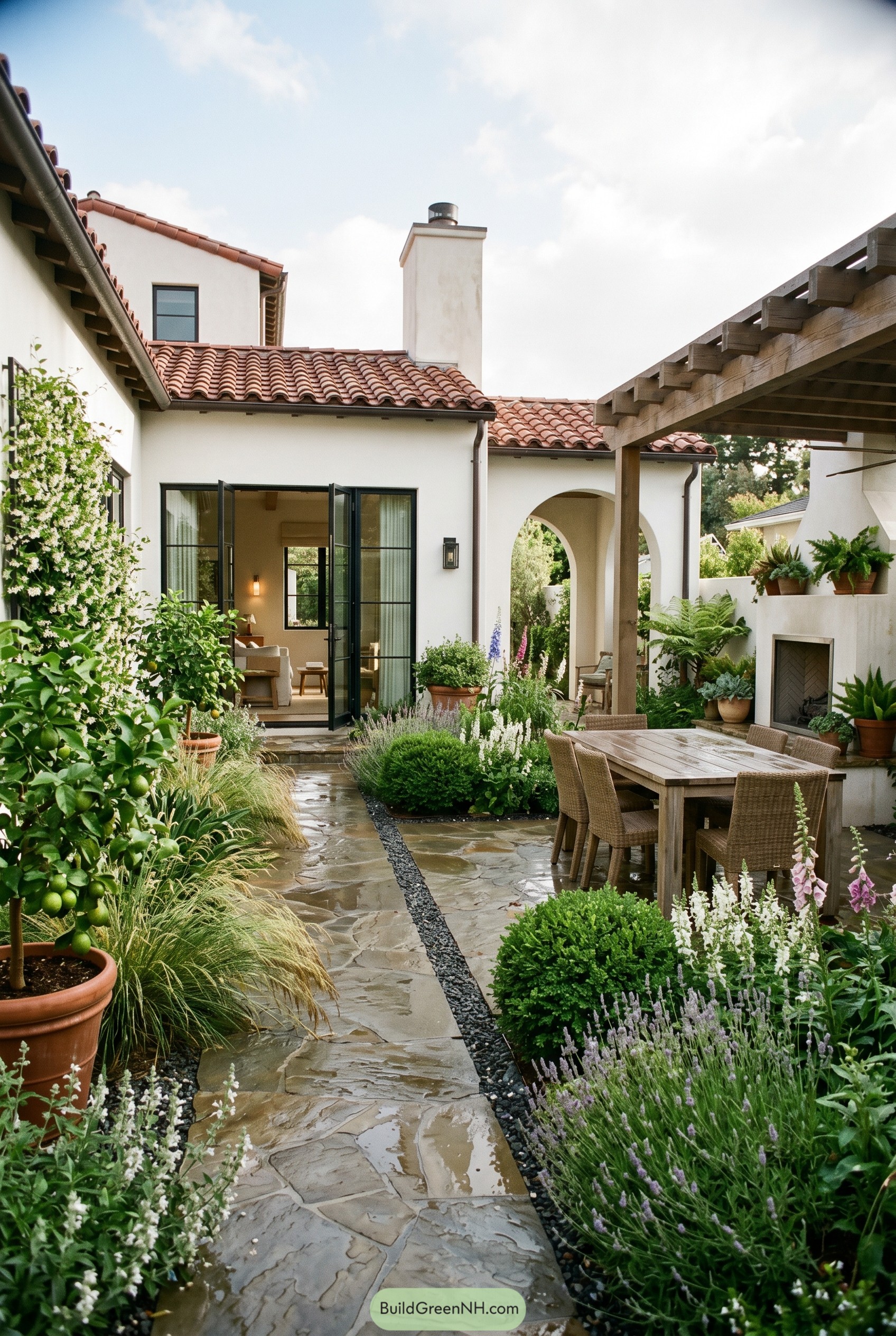 Spanish revival courtyard with pergola dining