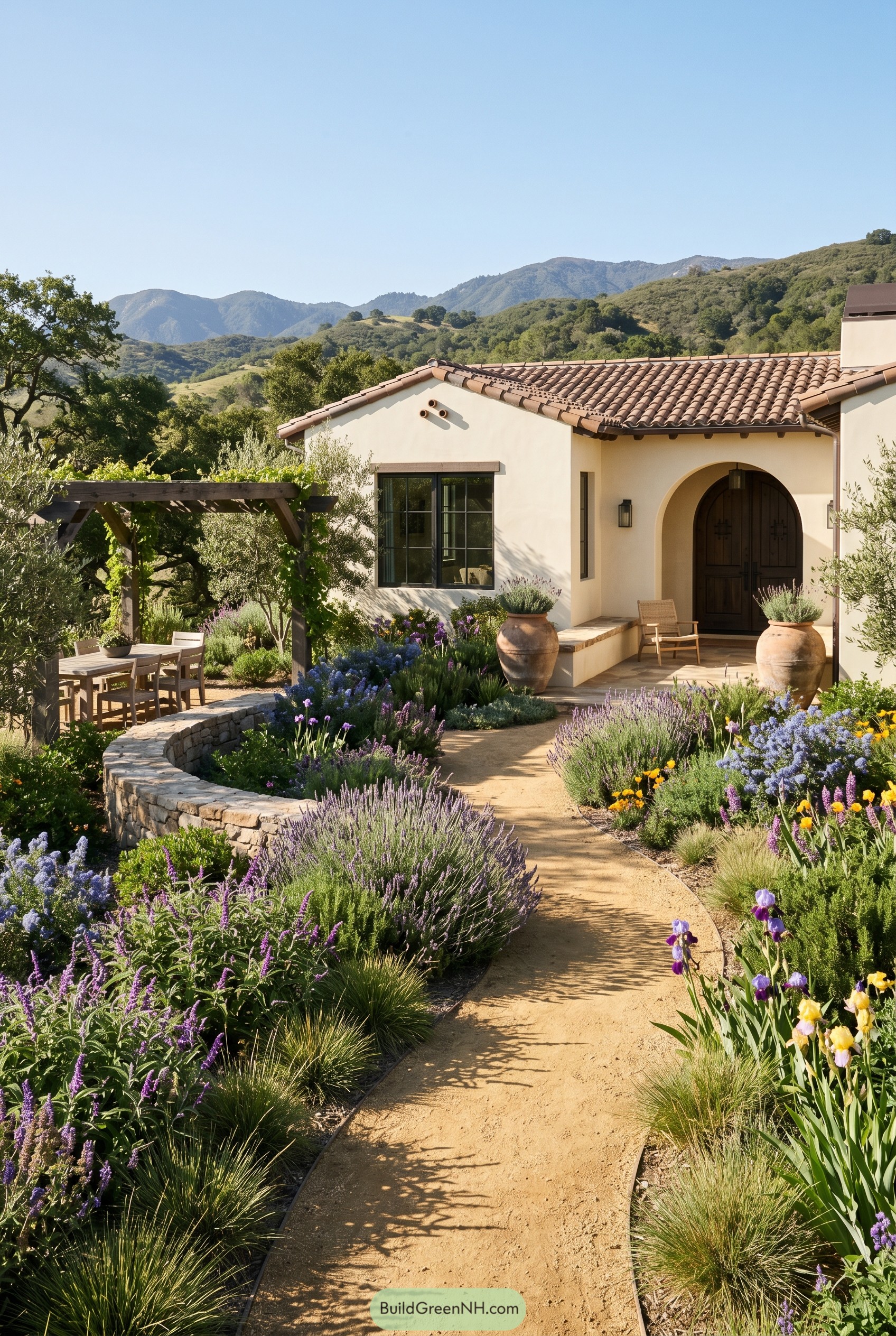 Spanish revival entry garden with curving path lavender and pergola