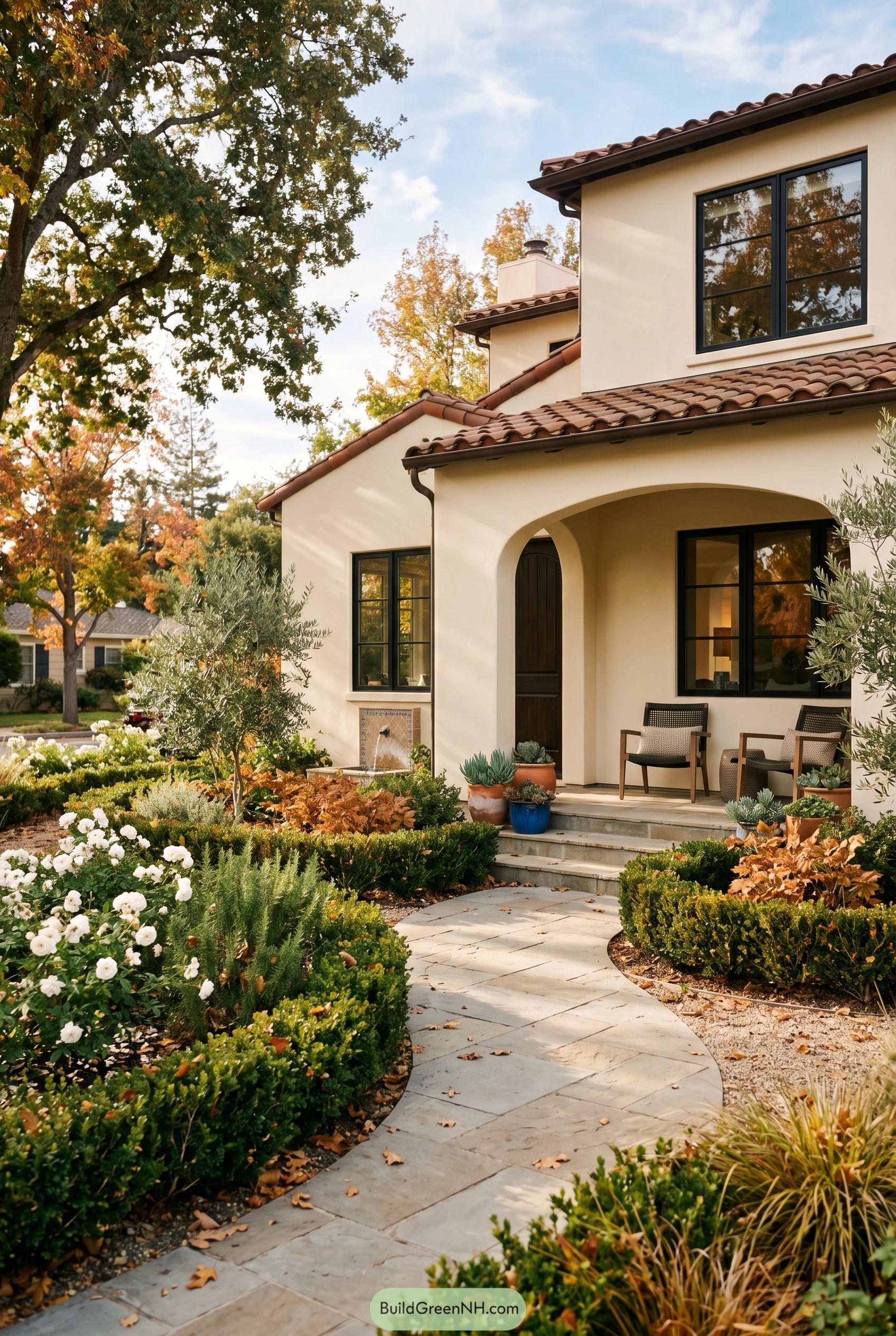 Spanish revival entry with curved stone path and olive planting