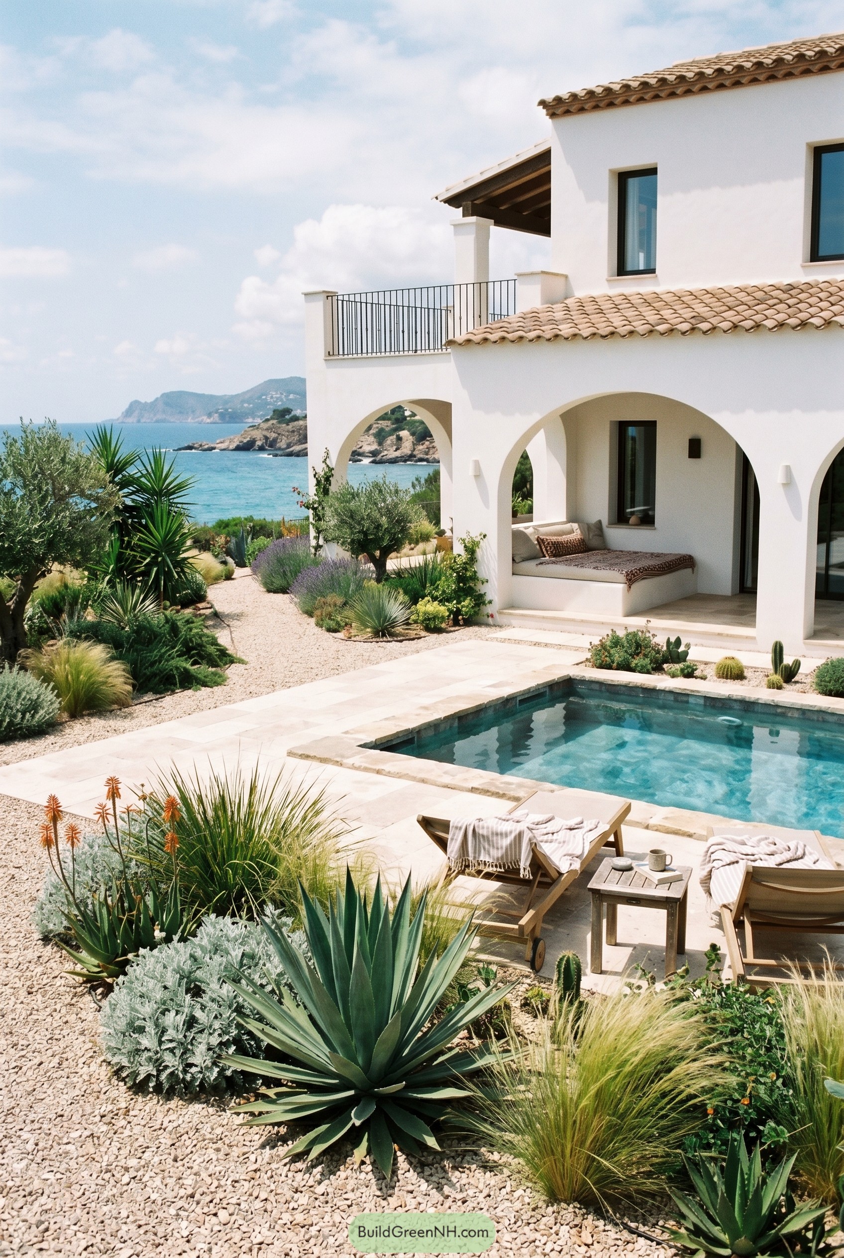 White stucco Spanish revival house with plunge pool and succulent garden by the sea