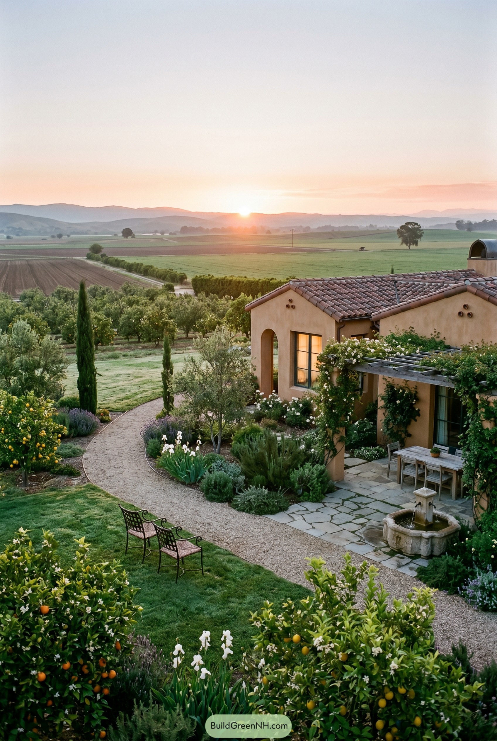 Spanish revival villa with pergola patio and citrus garden at sunset