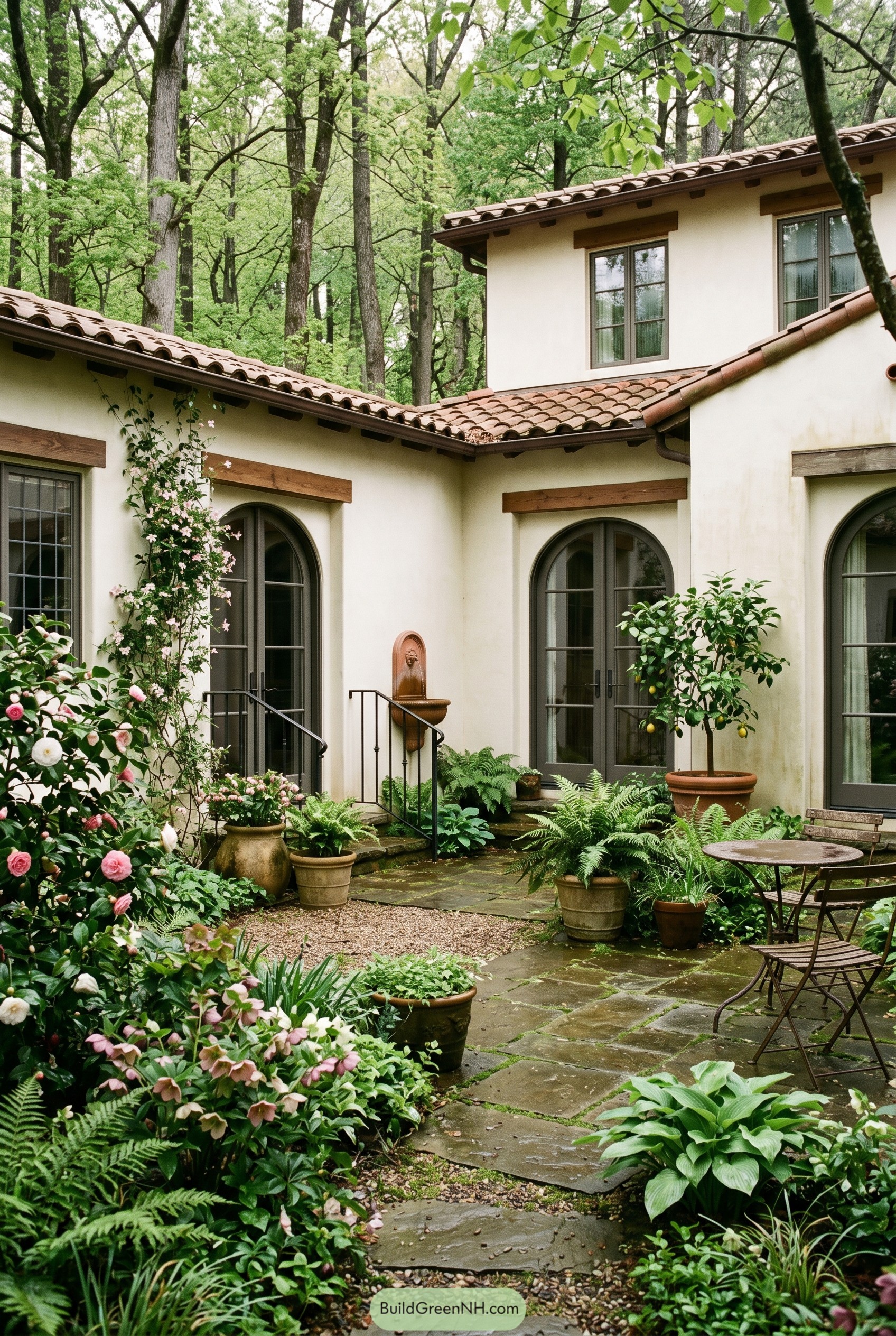 Spanish revival courtyard with stone patio and lush plantings