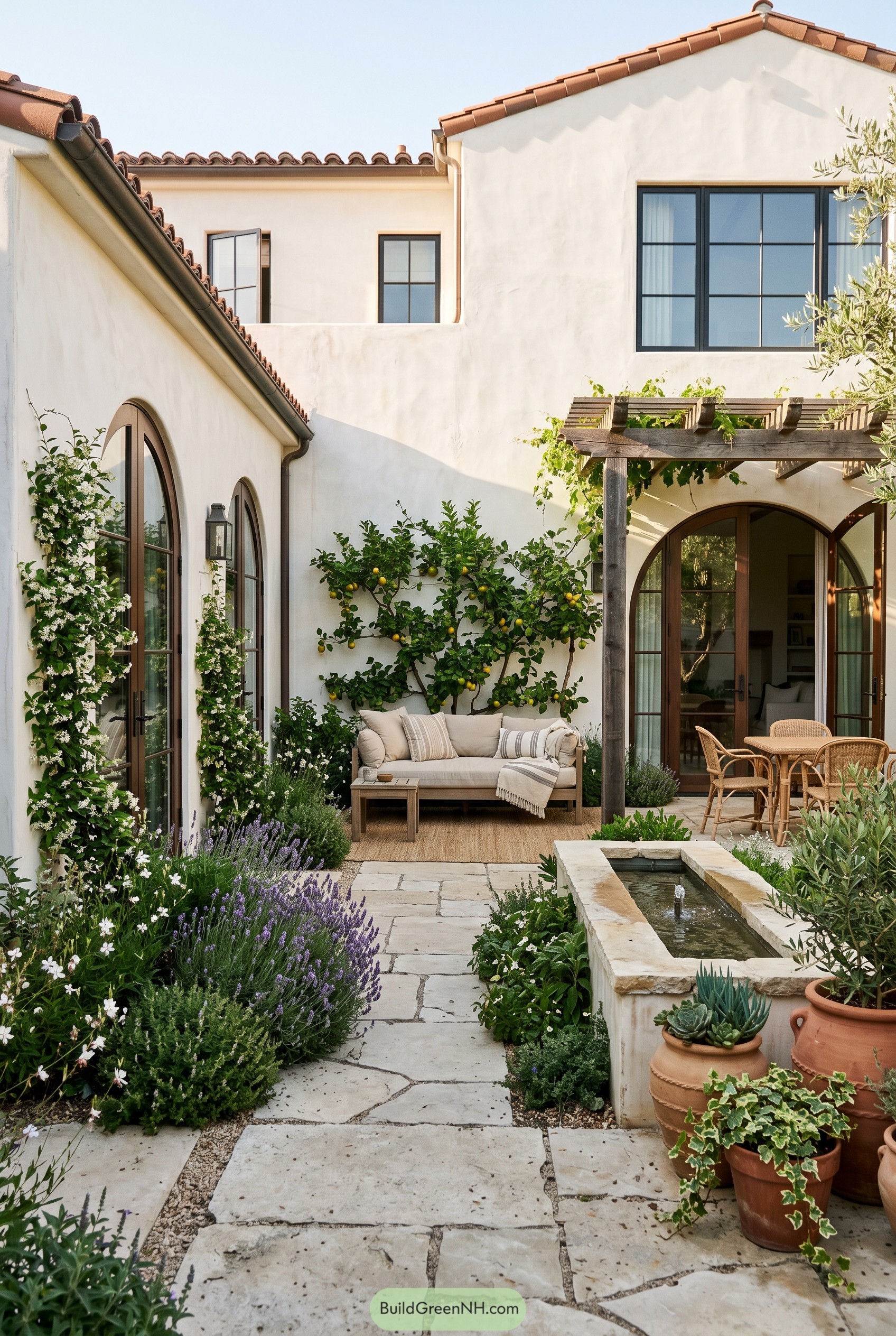 Spanish revival courtyard with pergola fountain and lemon espalier