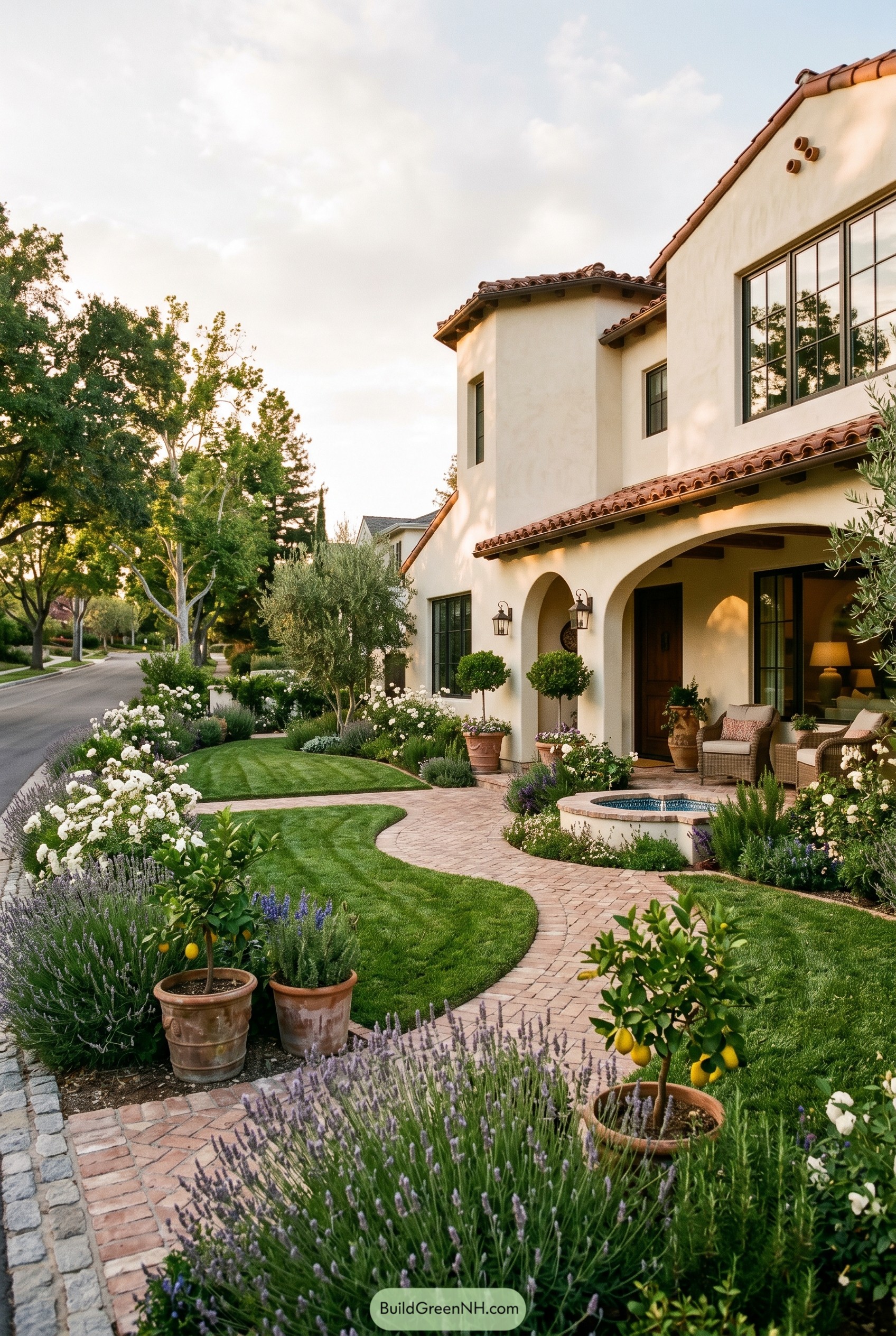Spanish revival home with lavender roses and fountain