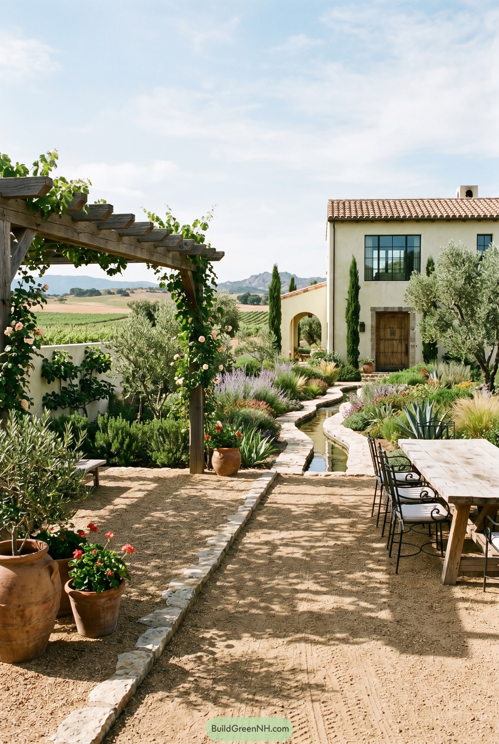 Spanish revival garden with pergola and water rill
