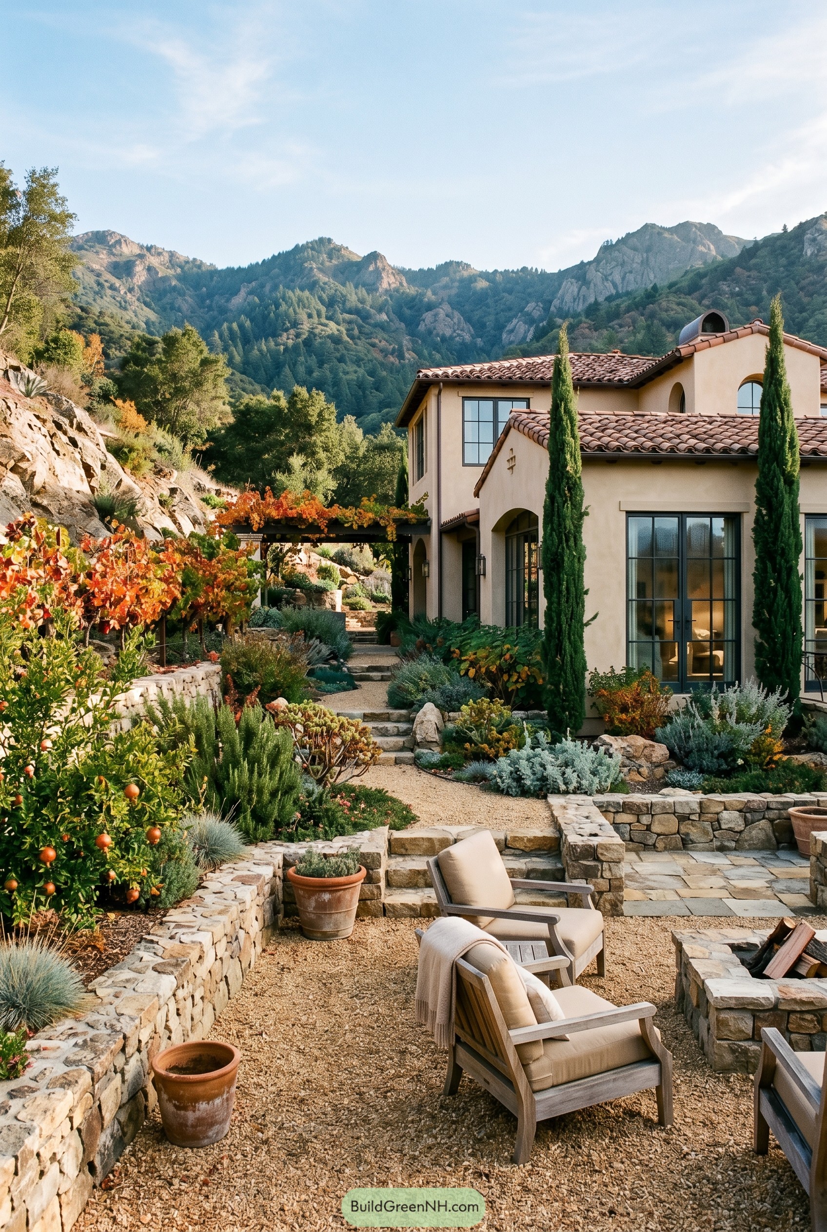 Spanish revival home with terraced stone garden and mountain backdrop