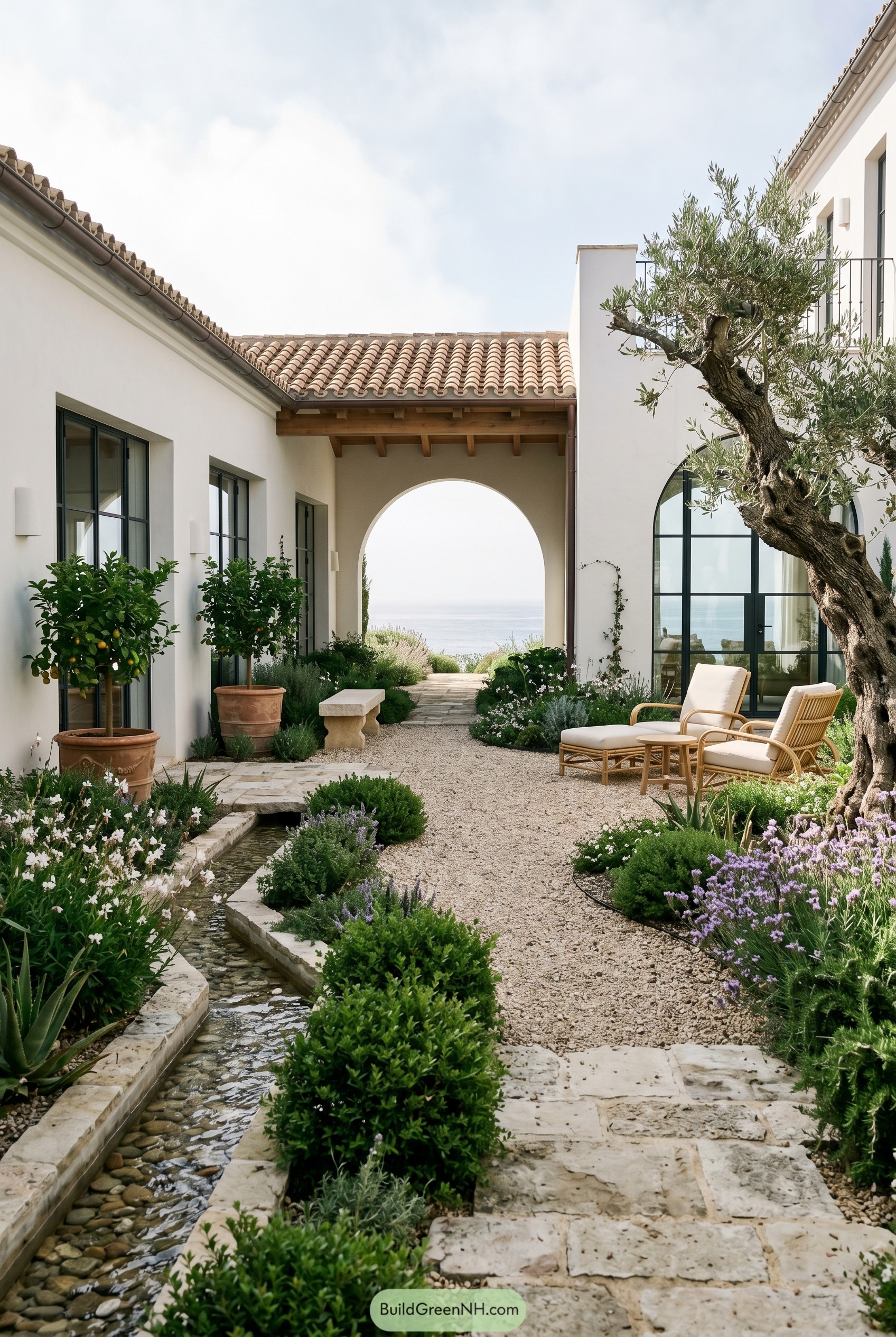 Spanish revival courtyard with olive tree and sea view arch