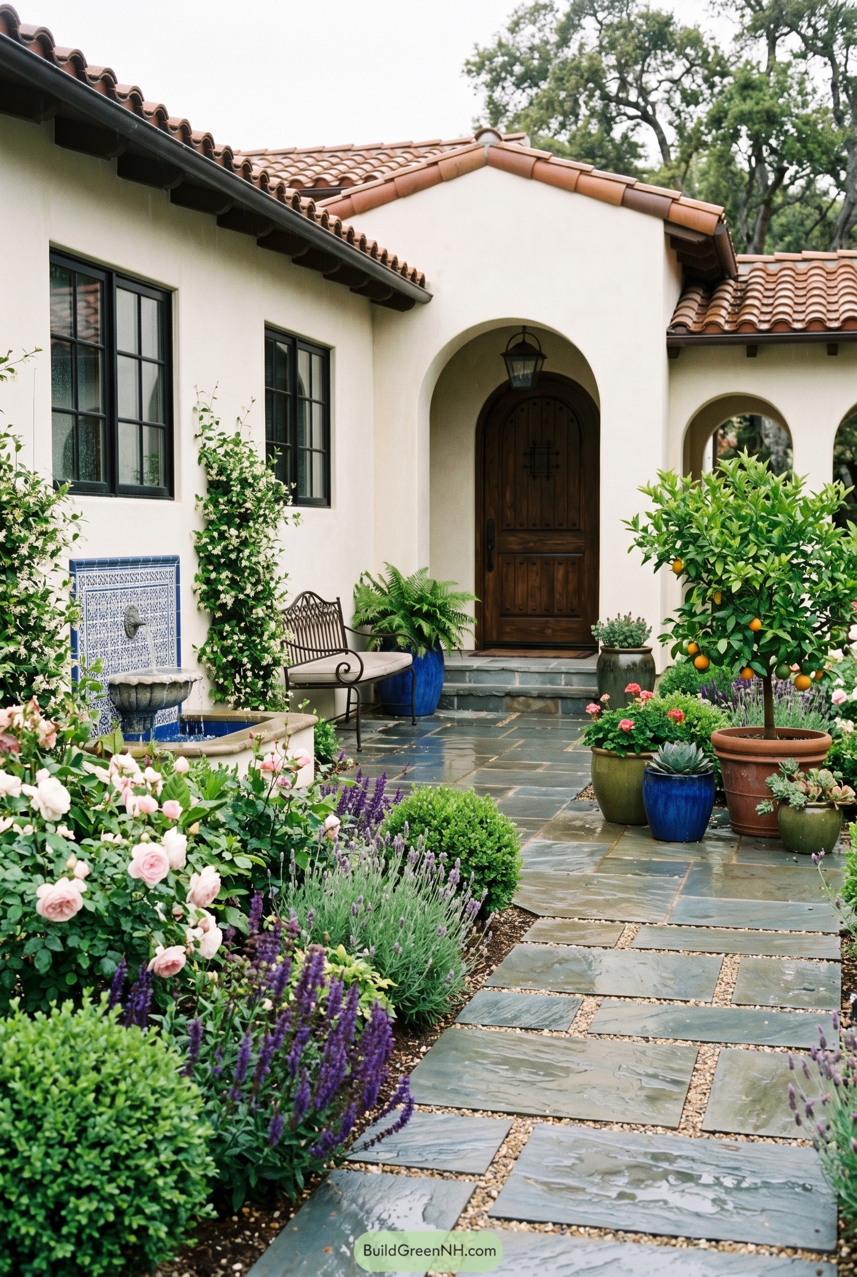 Spanish revival entry garden with fountain and citrus pots