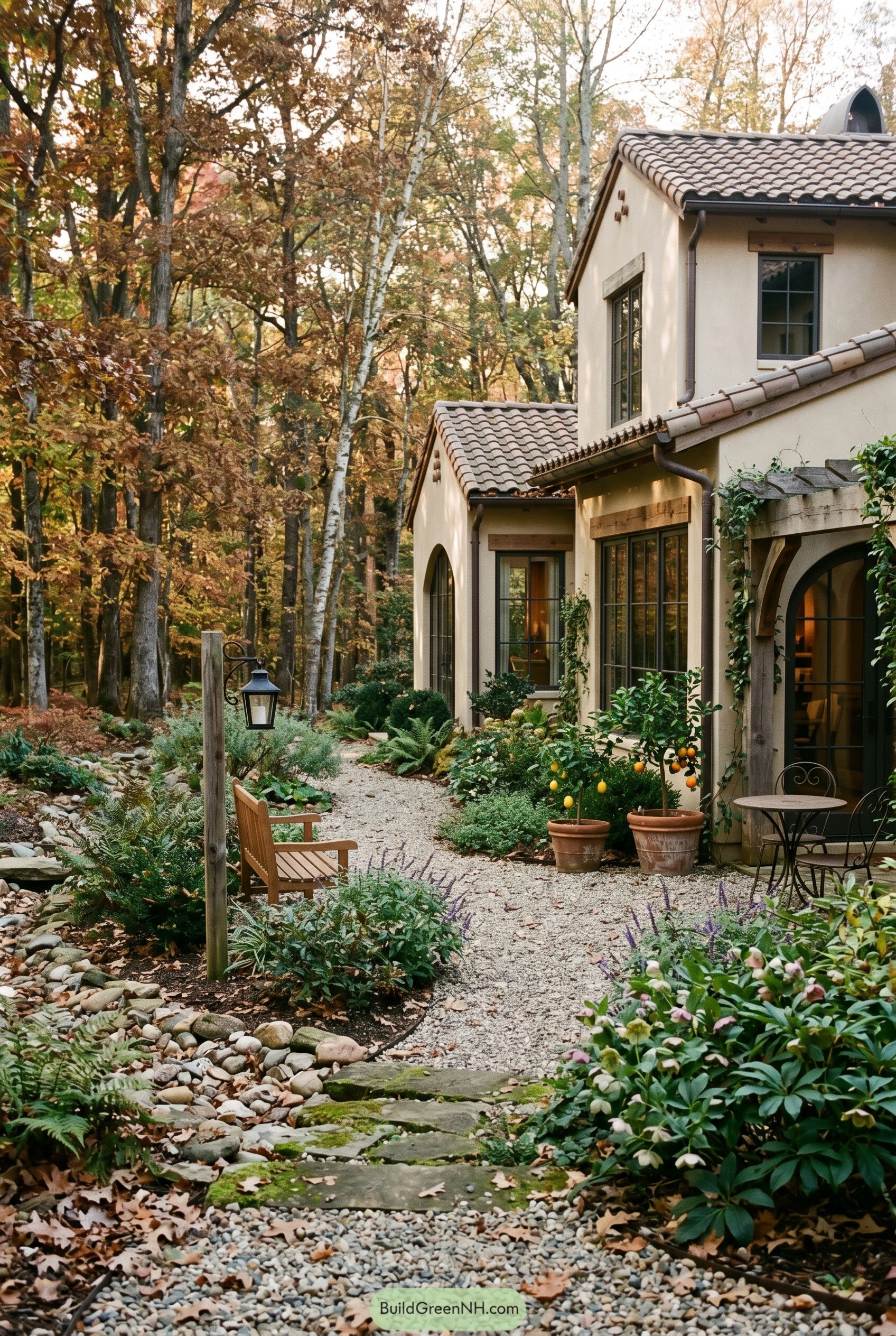 Spanish revival home with gravel garden path