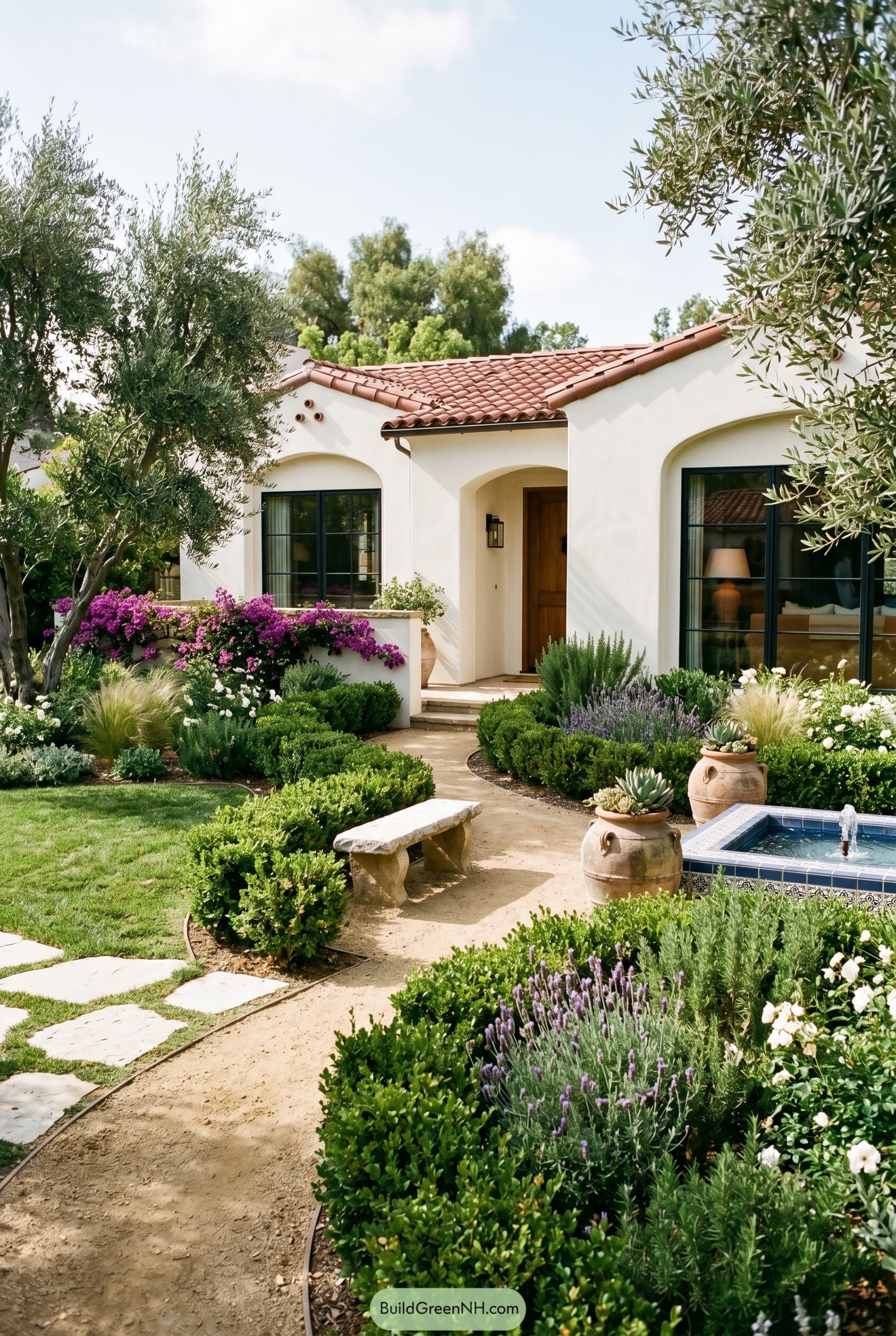 Spanish revival house with lush garden and tiled fountain
