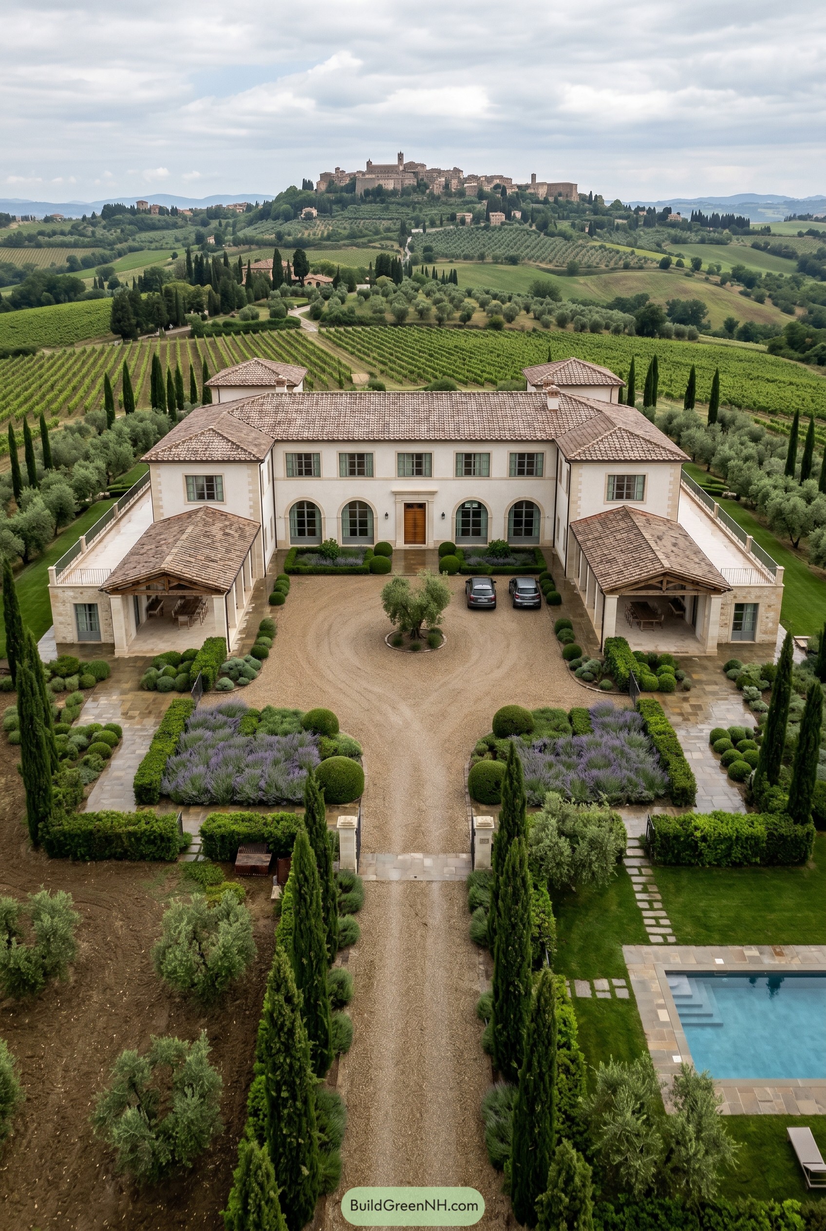 Symmetrical Tuscan villa with vineyard views