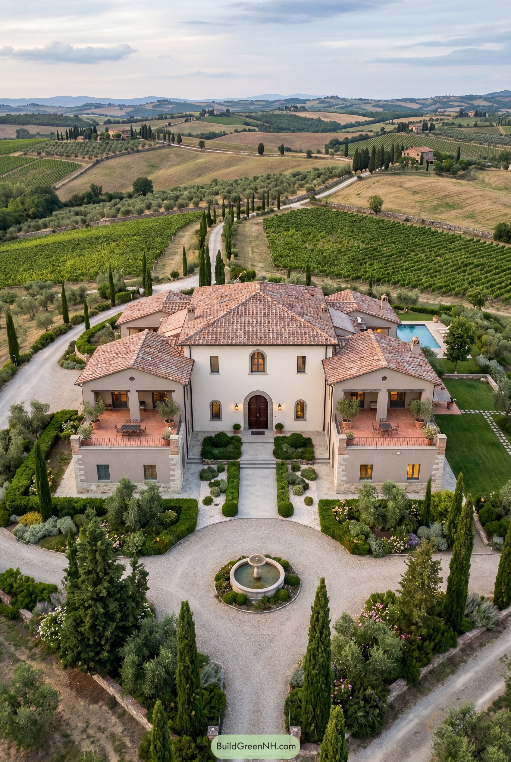 Symmetrical Tuscan villa with fountain court