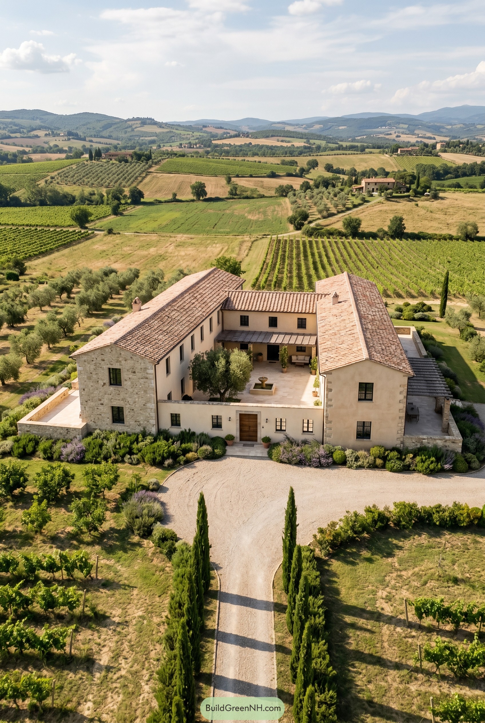 Aerial view of a Tuscan courtyard estate among vineyards