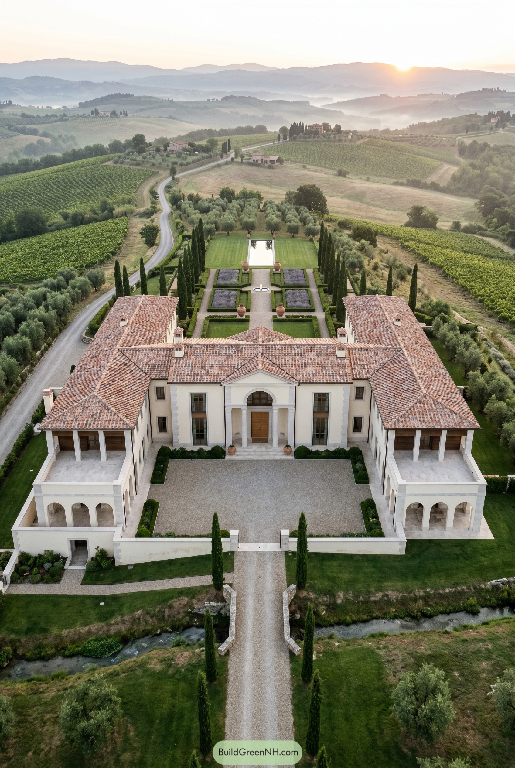 Symmetrical Tuscan estate with formal gardens