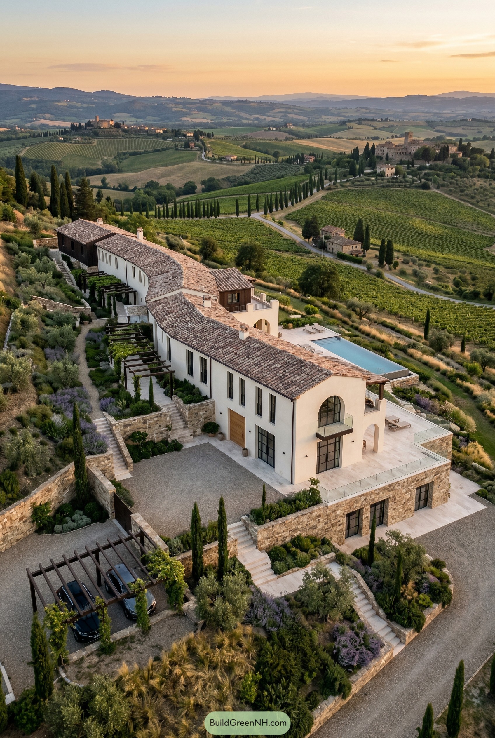 Curving modern Tuscan villa on a vineyard hillside with pool