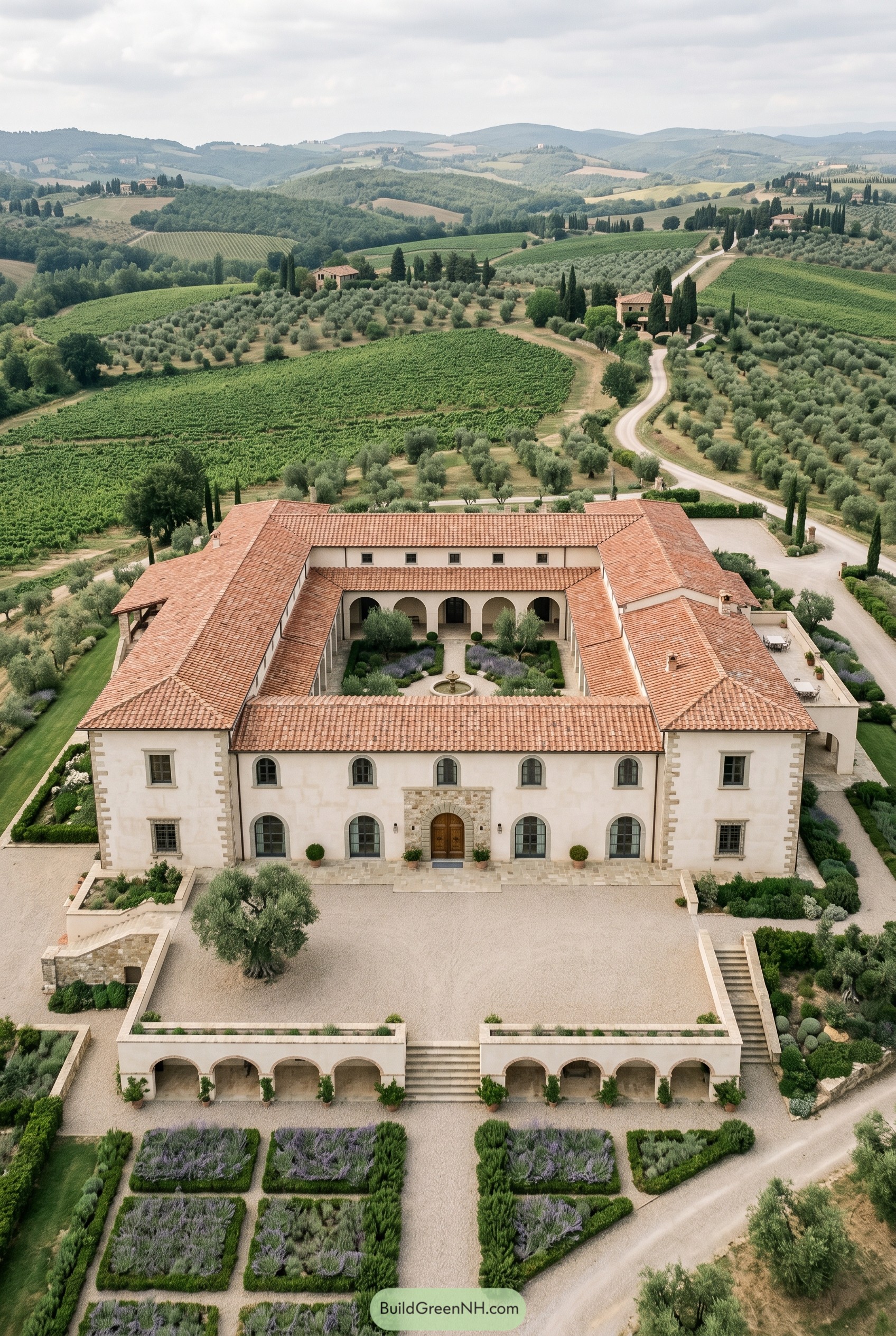 Aerial view of a grand Tuscan courtyard villa amid vineyards and olive groves