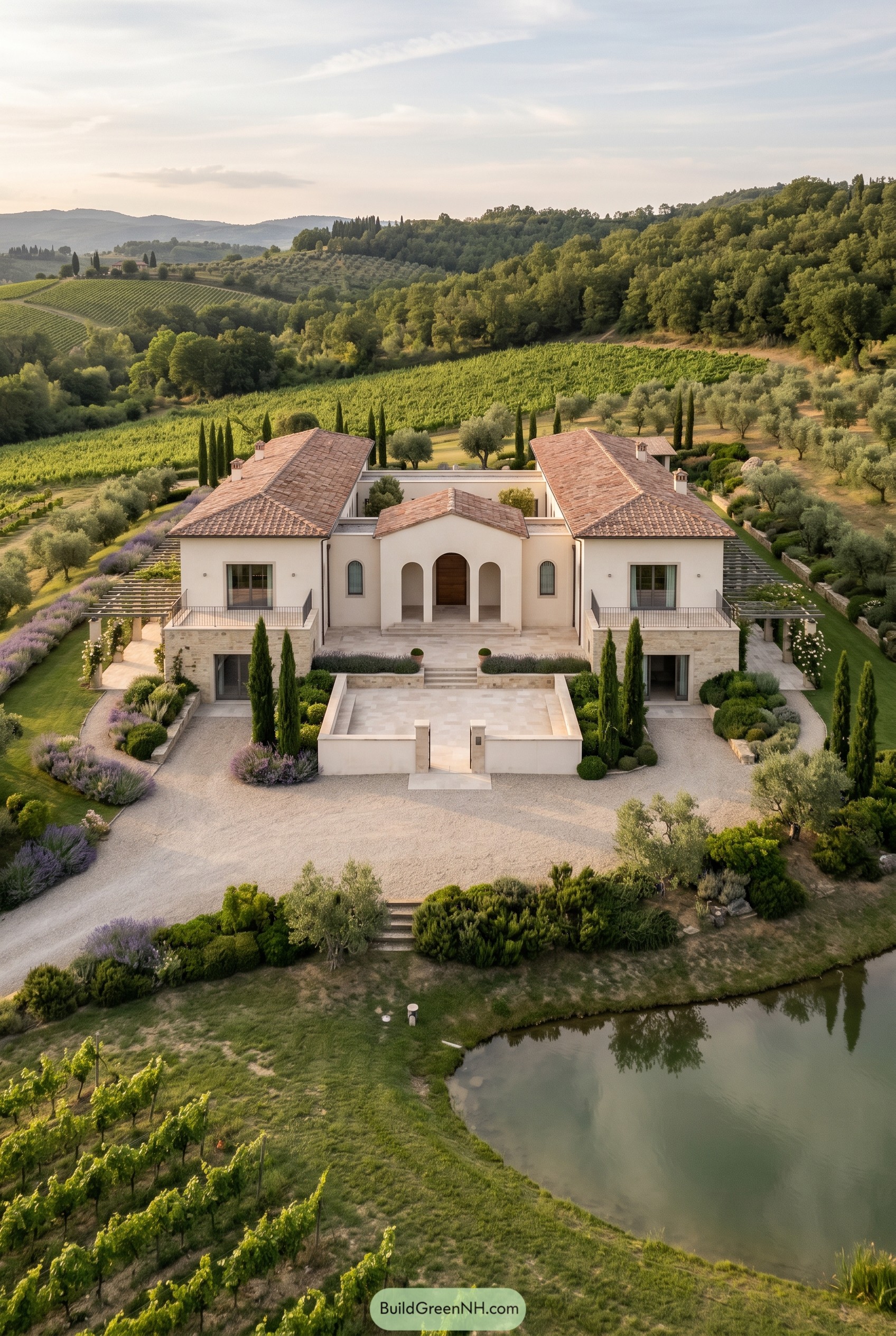 Symmetrical Tuscan manor beside a pond and vineyards