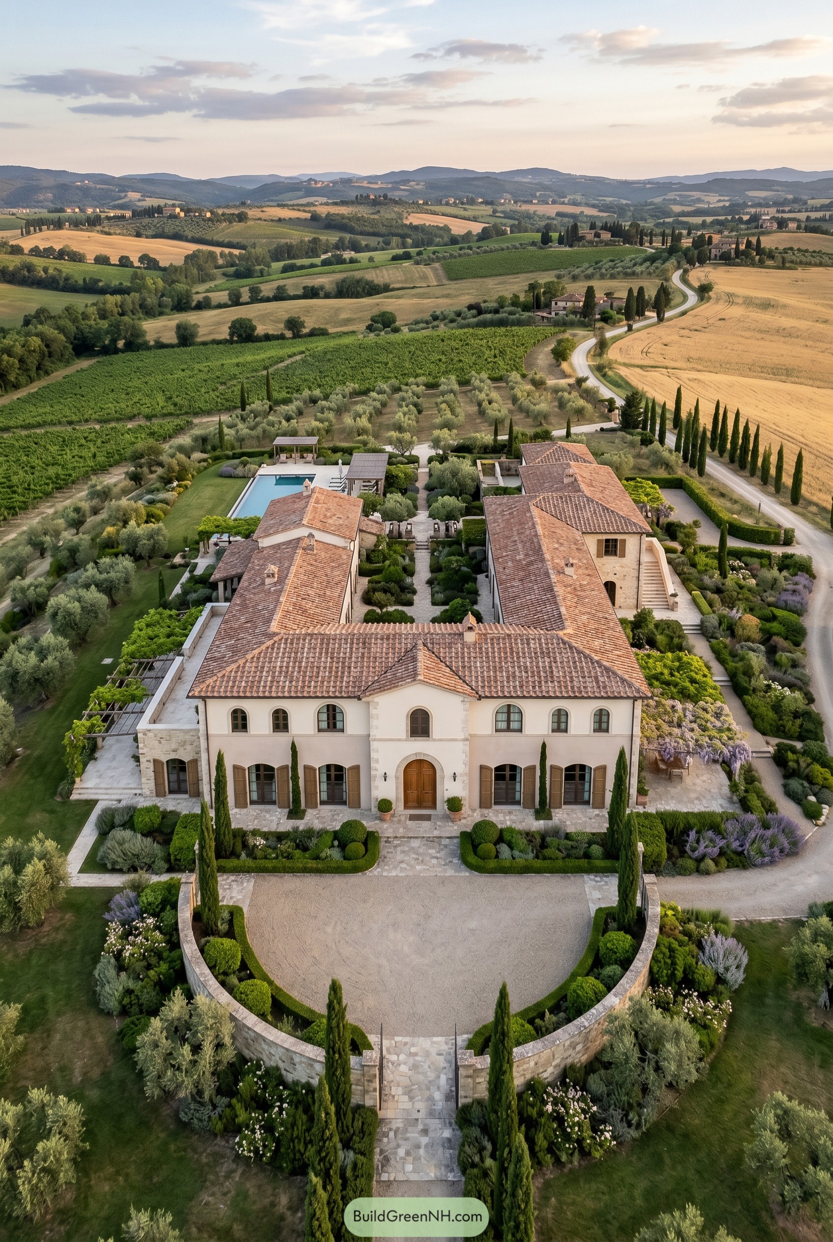 Aerial view of a grand Tuscan villa with formal gardens vineyards and a pool