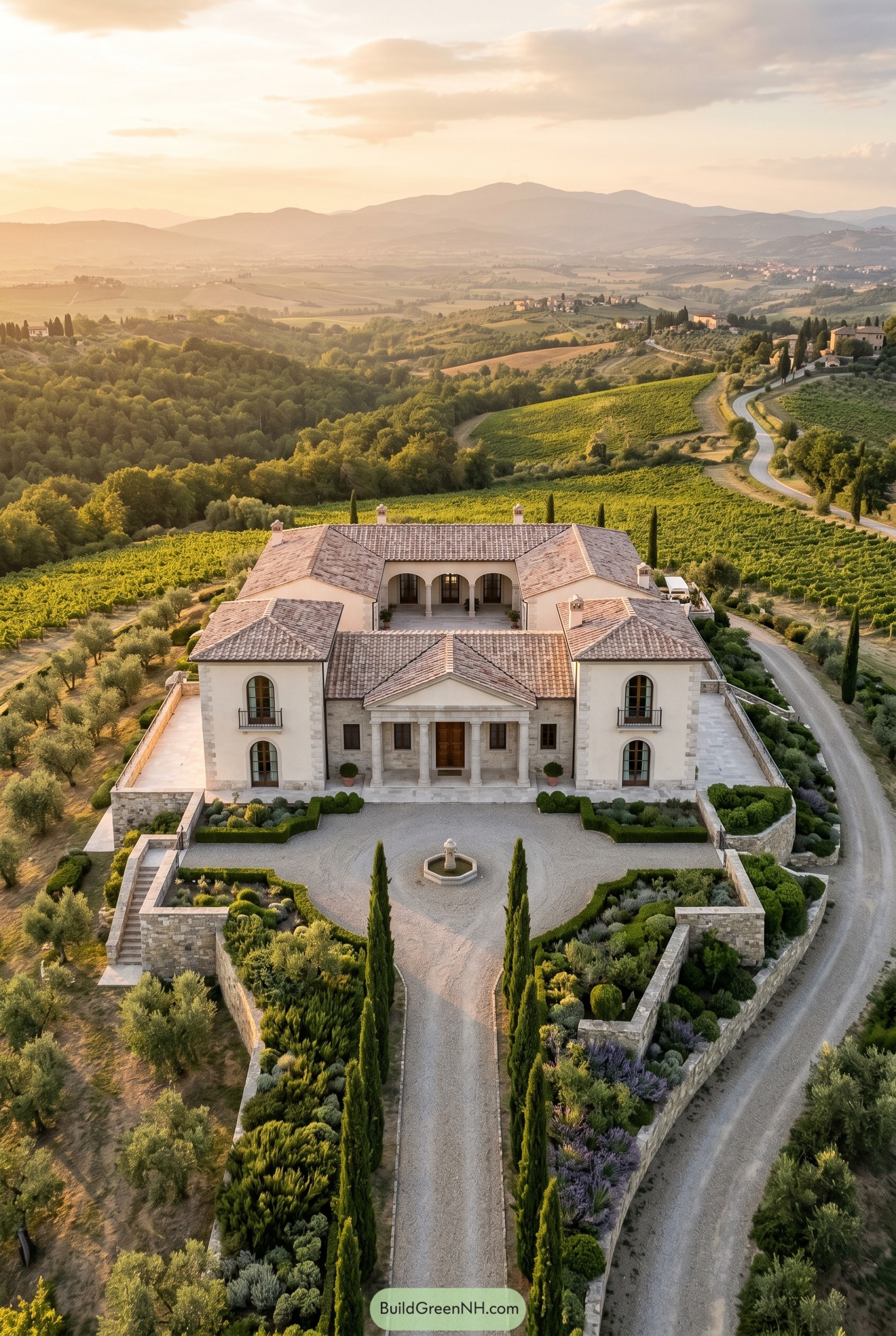 Symmetrical Tuscan villa above vineyards at sunset