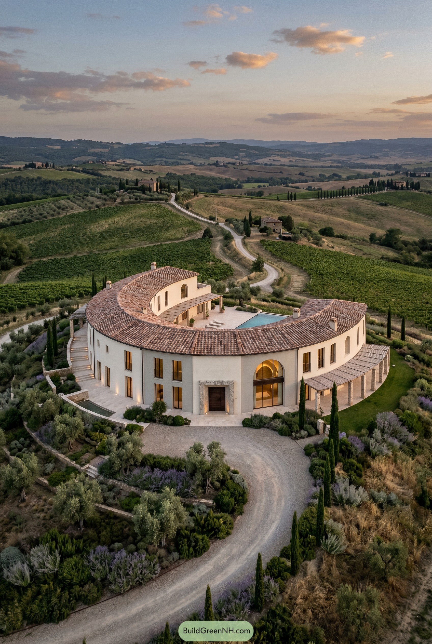 Curved Tuscan villa with central pool