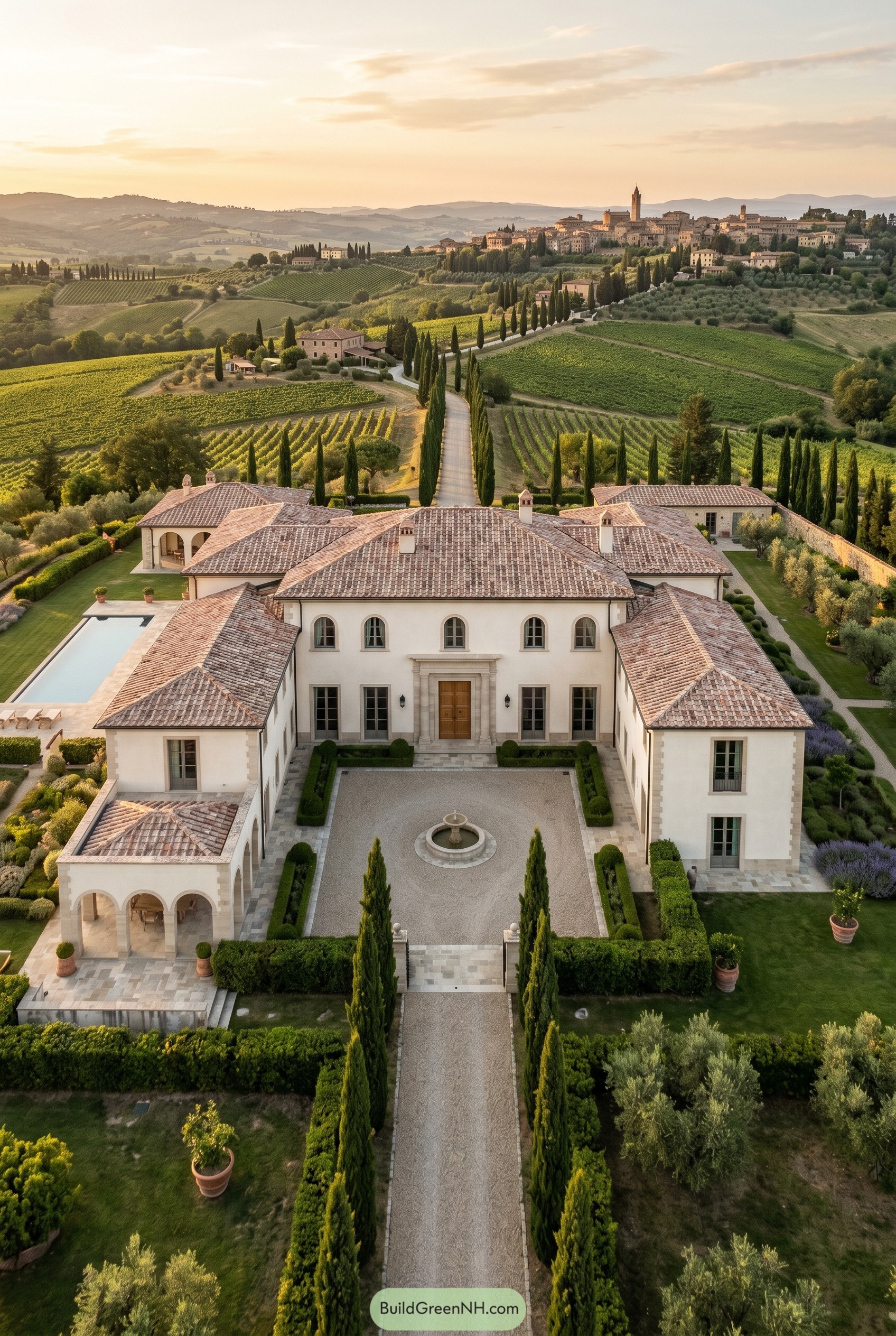 Large Tuscan villa with fountain courtyard and vineyards