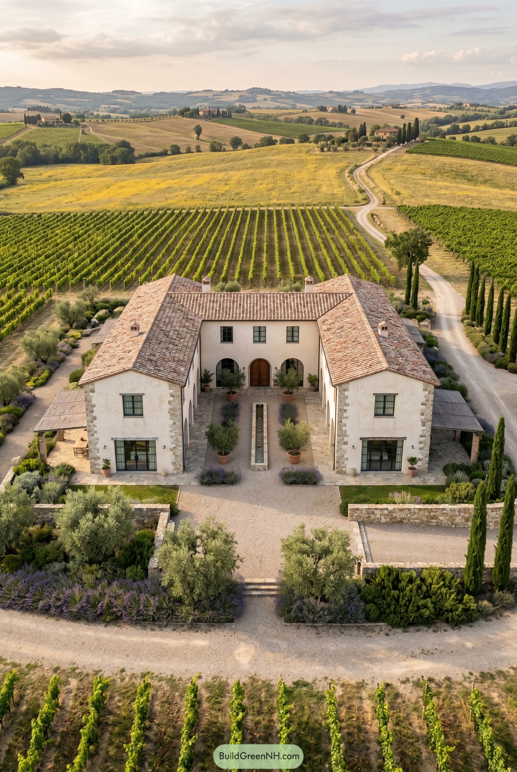 Tuscan farmstead with courtyard and vineyards