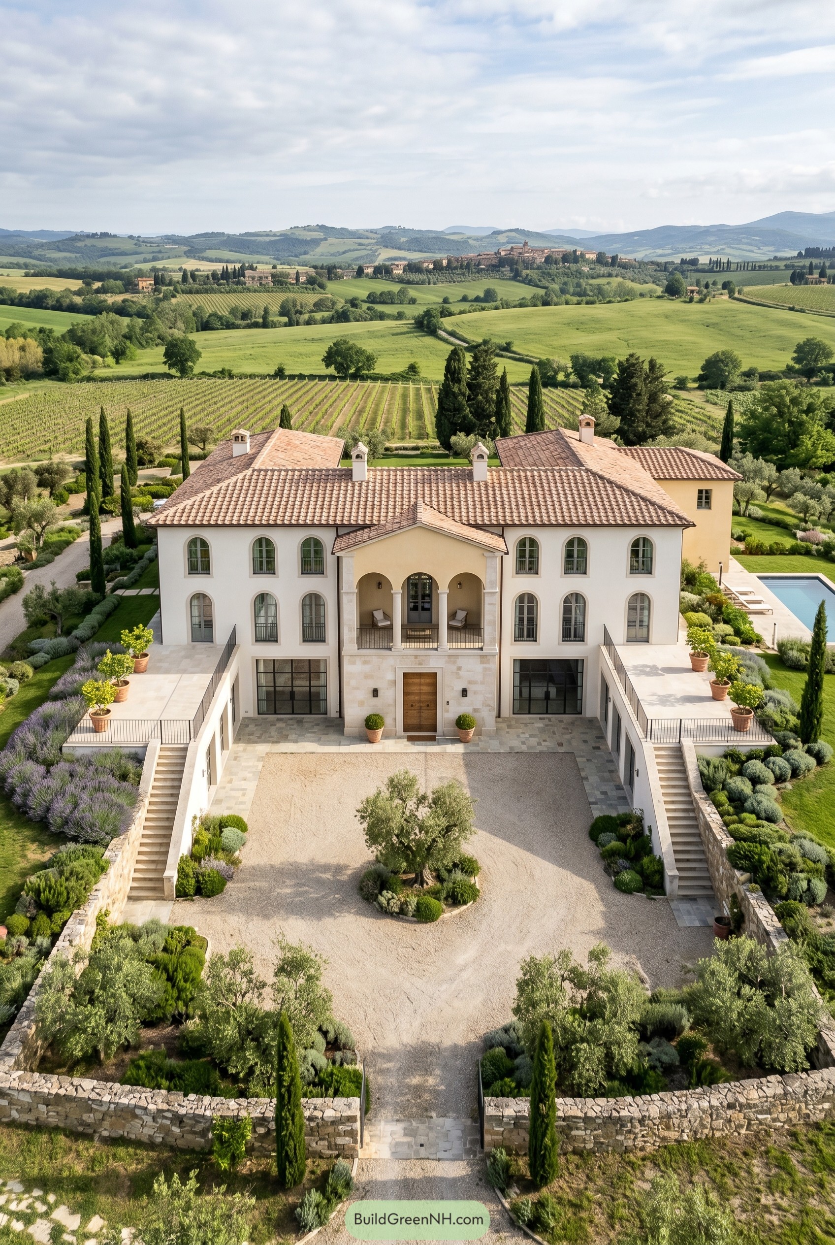Large Tuscan house with twin stair terraces and vineyard views