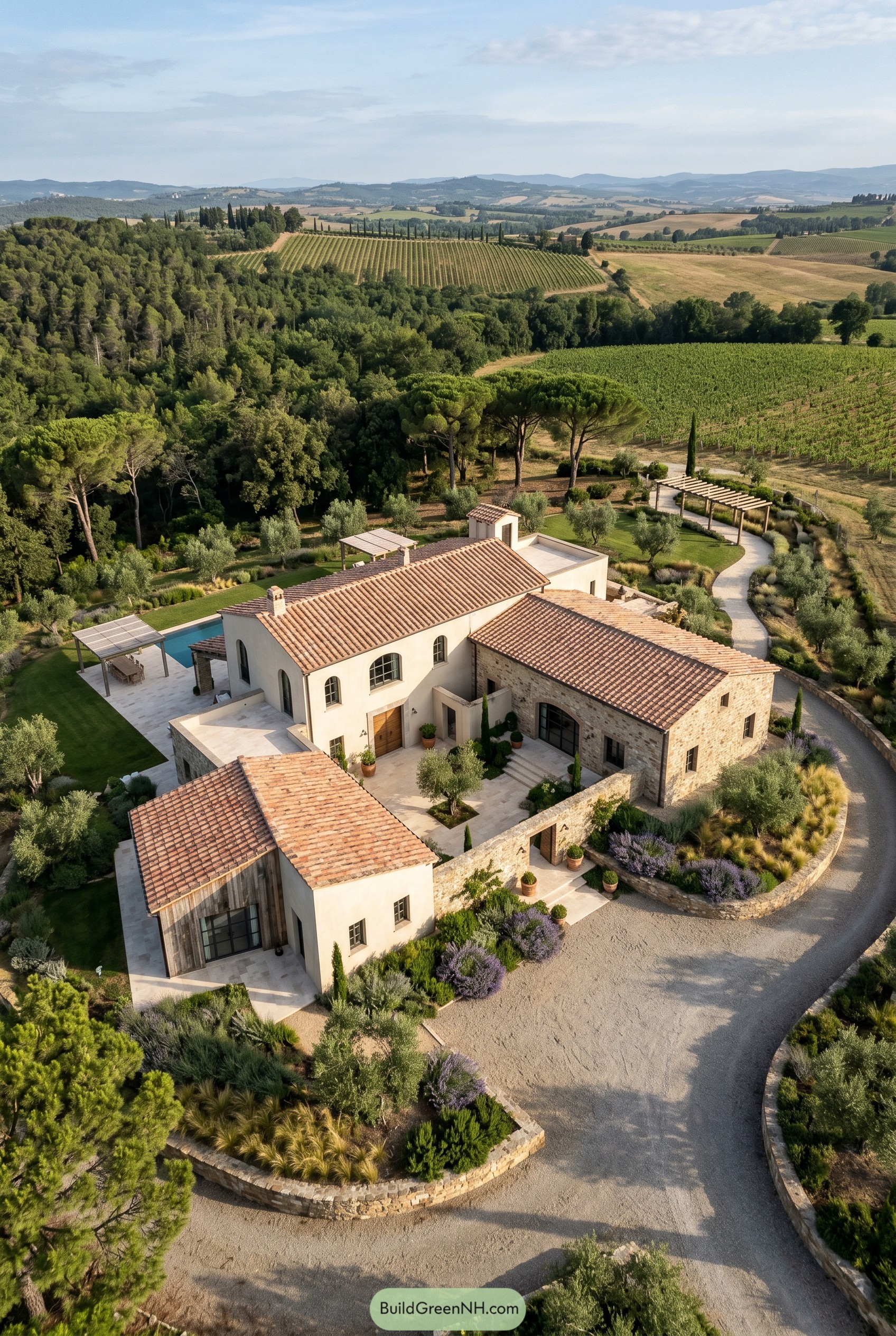 Aerial view of a Tuscan compound beside vineyards