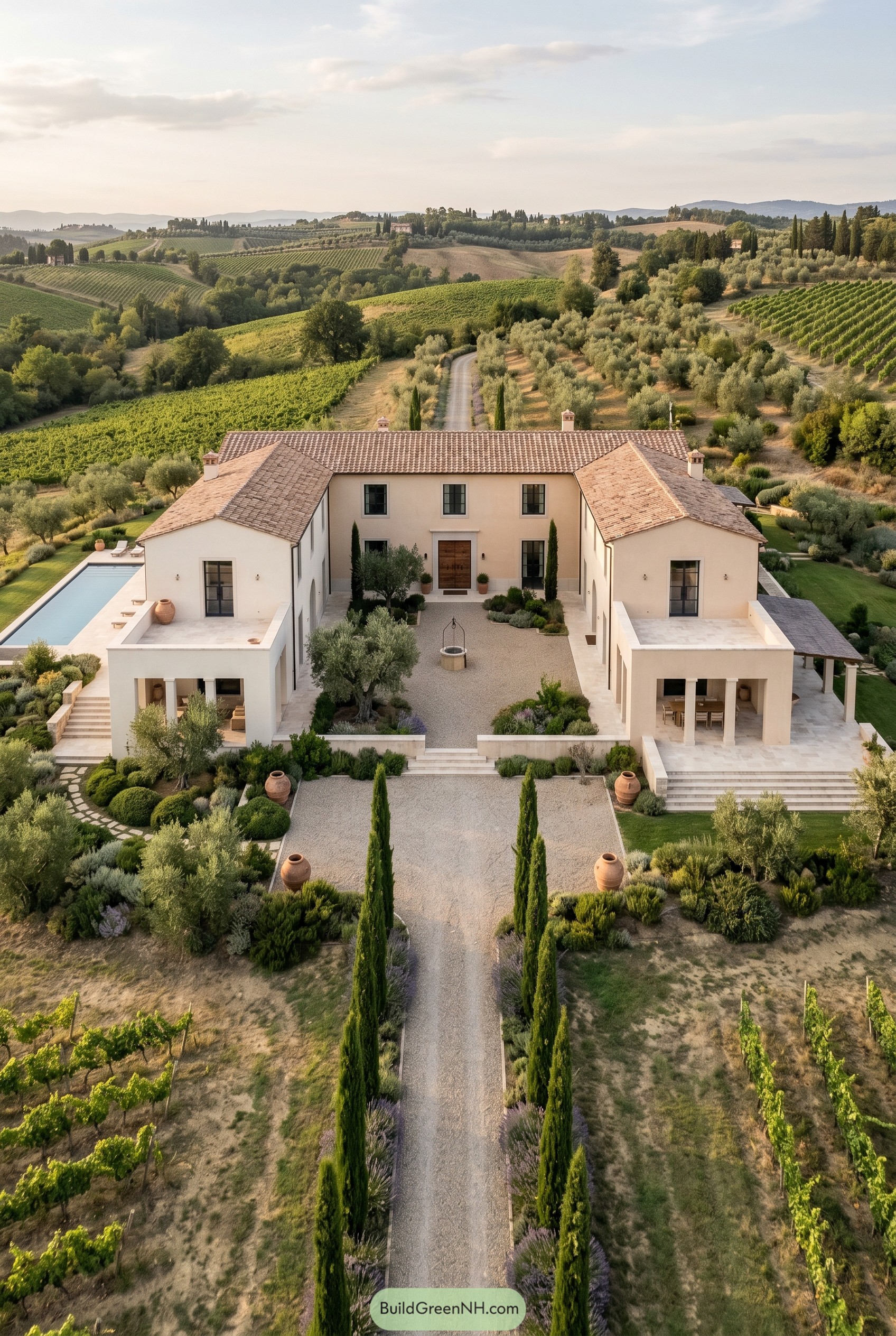 Large Tuscan villa with courtyard and vineyards