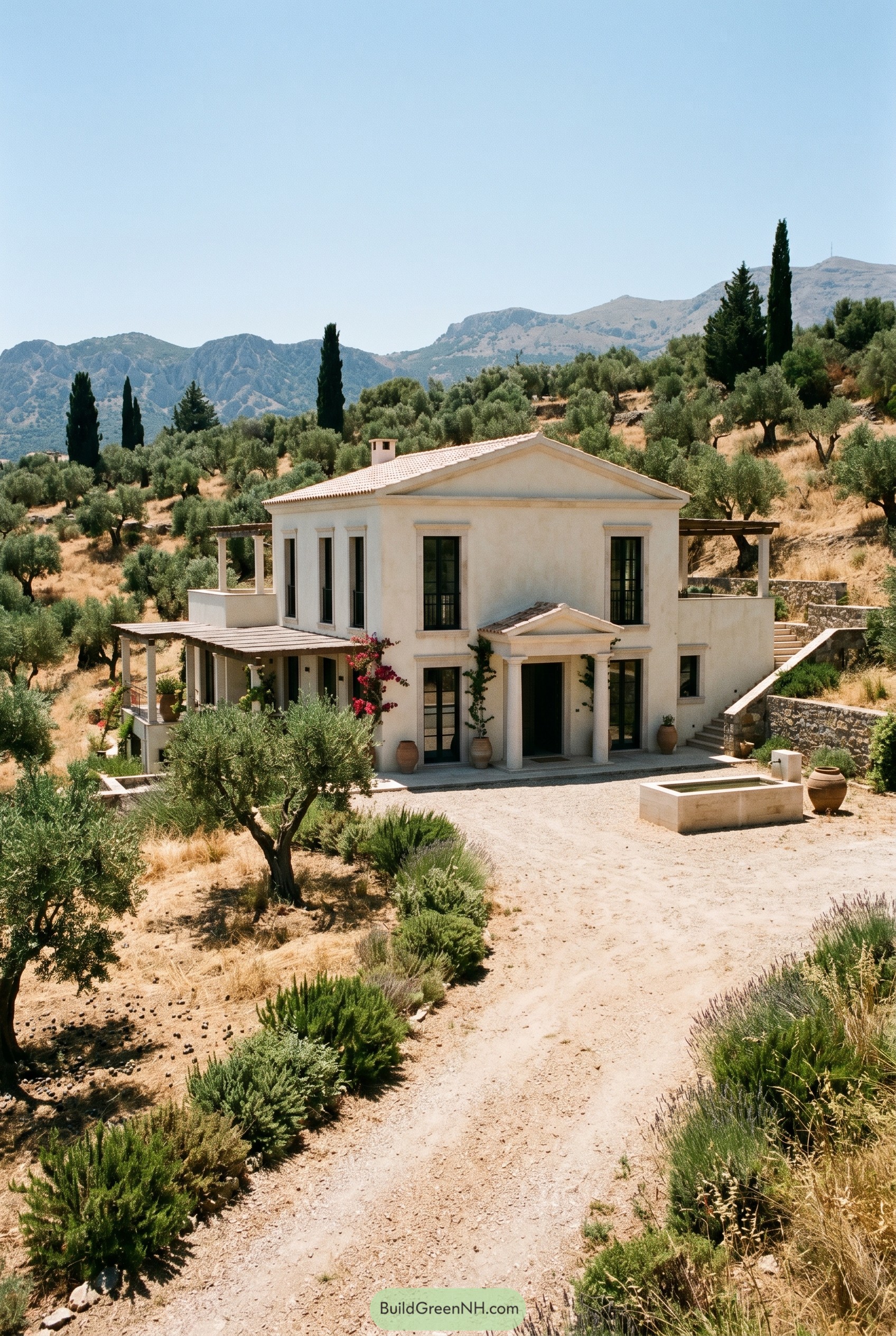White villa with columns in olive hillside