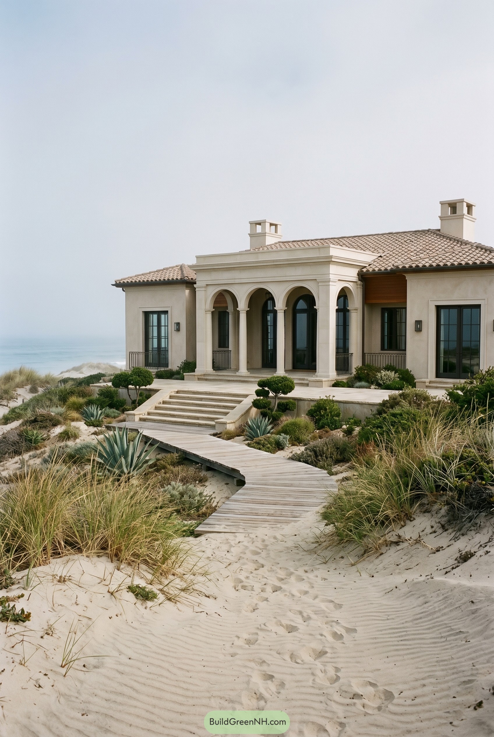 Mediterranean villa with arched porch on dunes