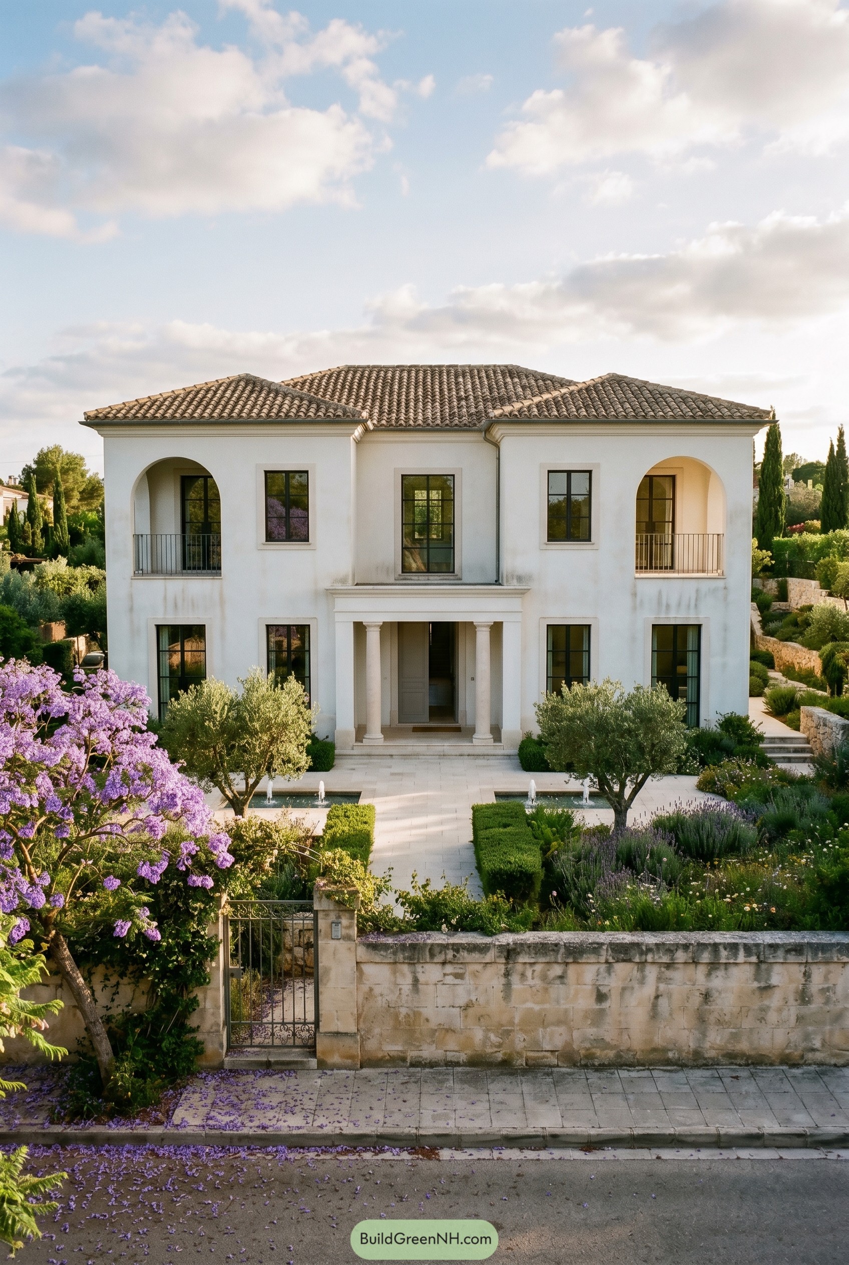 White stucco villa with arched balconies