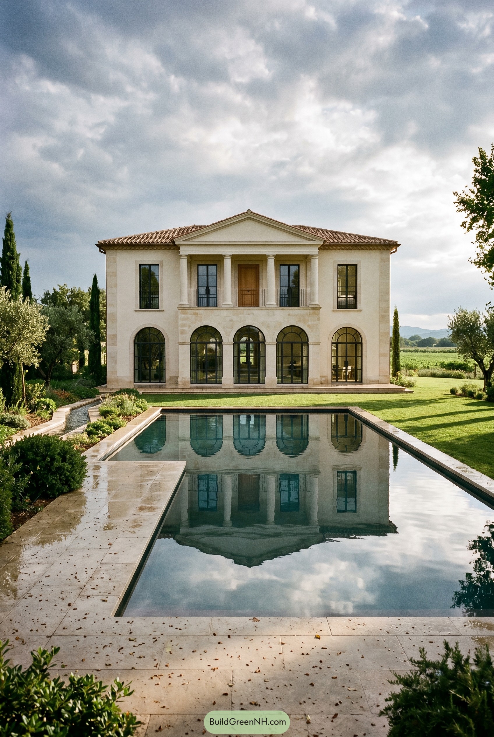 Symmetrical Mediterranean villa with reflective pool