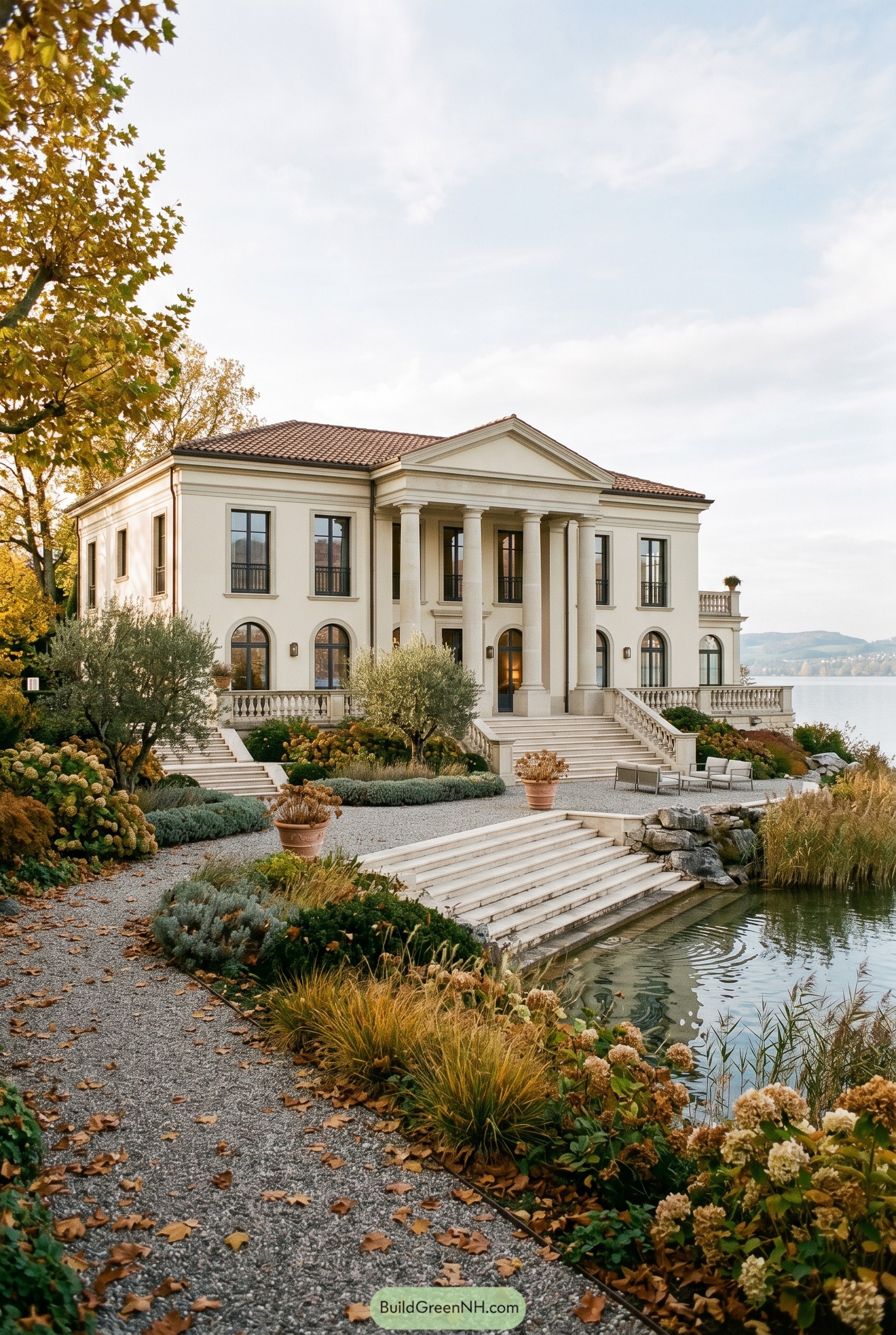 Neoclassical lakeside villa with columned portico