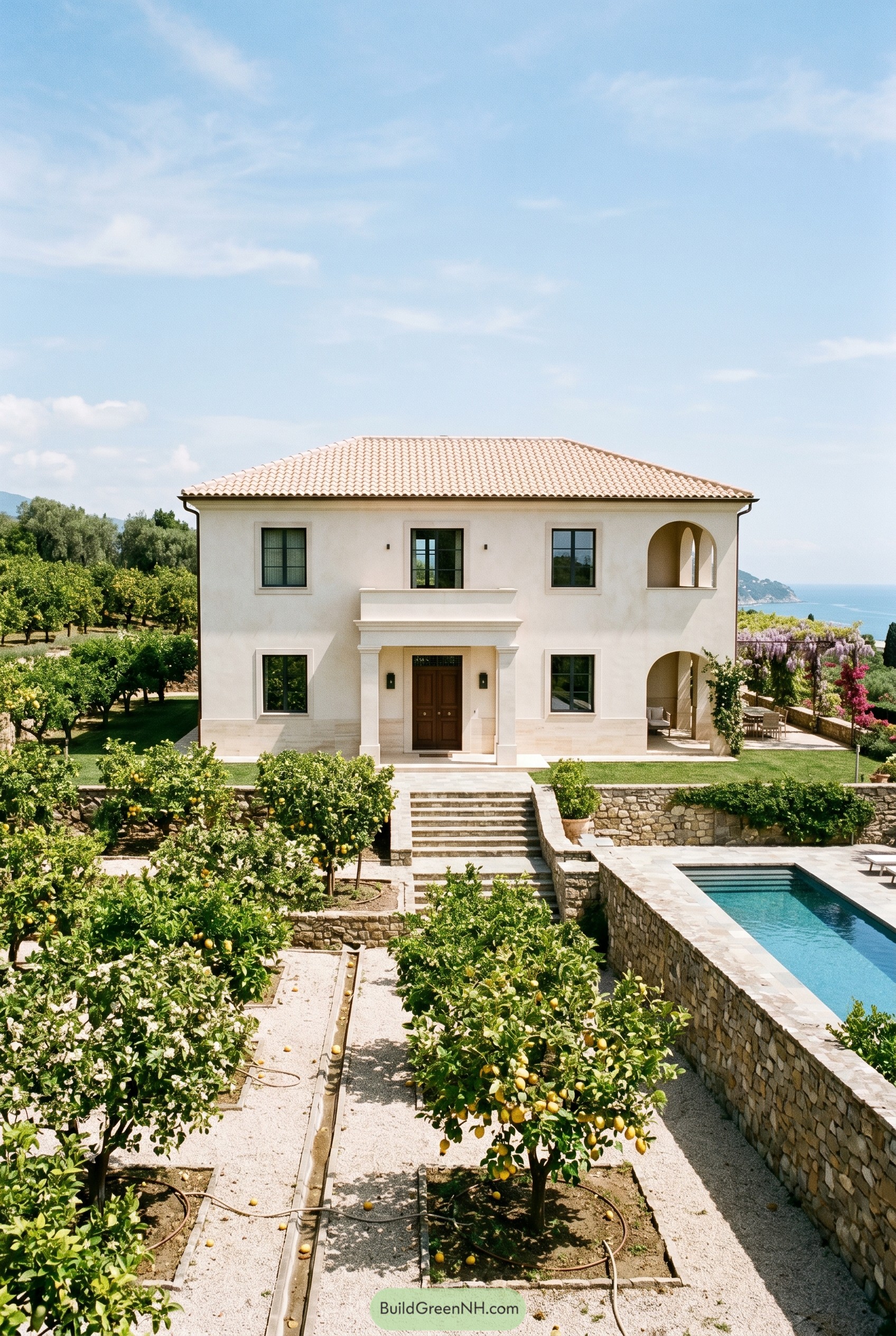 Cream stucco villa with lemon grove and pool