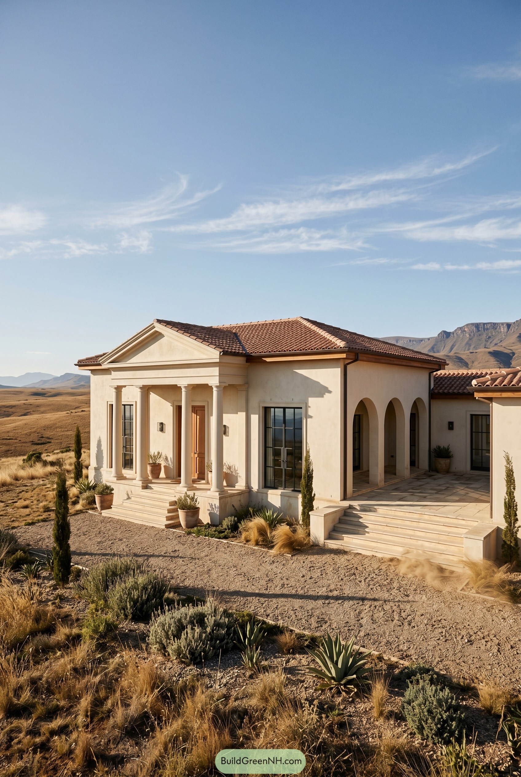 Cream stucco villa with columns and arches in a desert landscape
