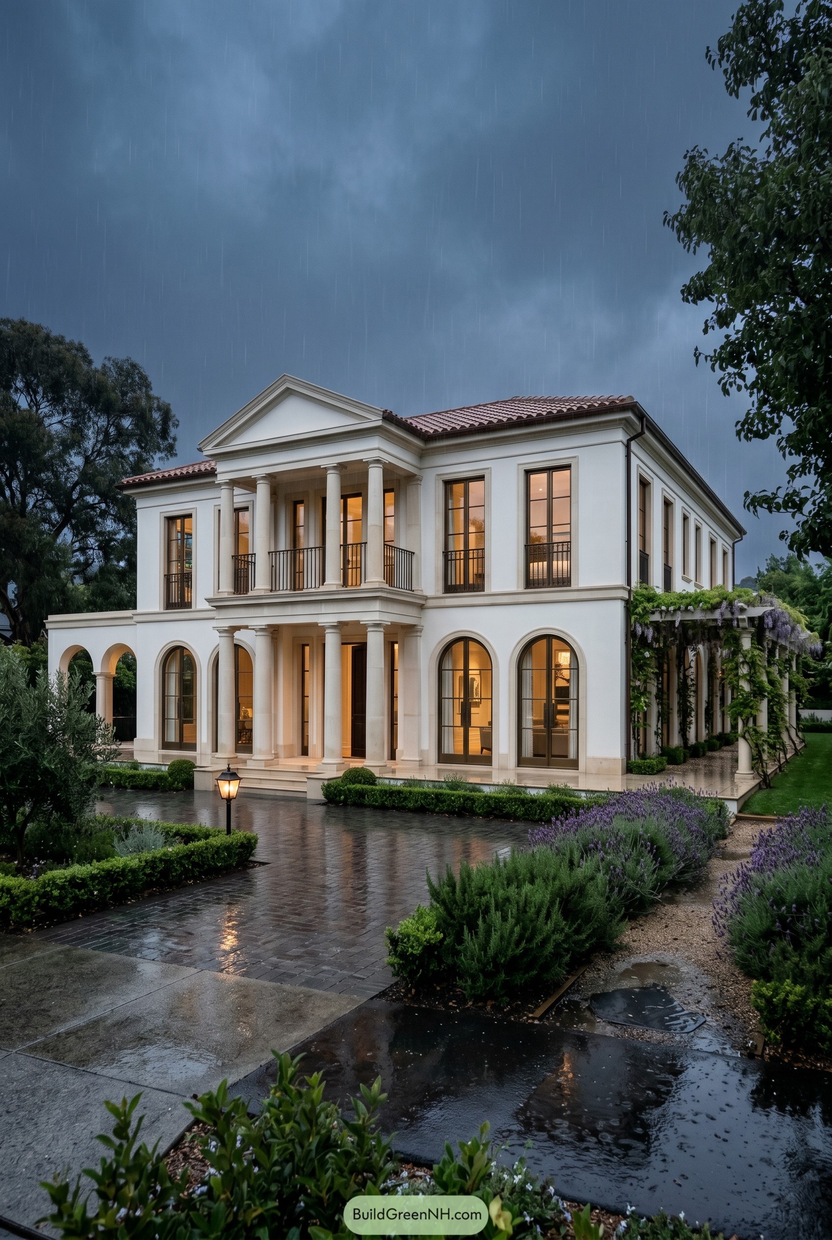 Cream villa with columns in rainfall